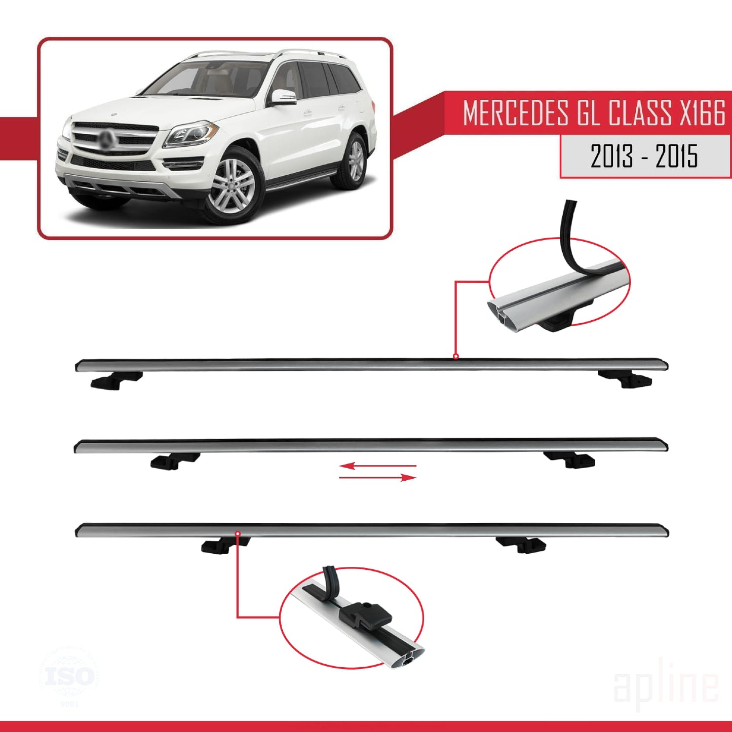 Compatible avec Mercedes Classe GL 2 (X166) Pre-Facelift 2013-2015 BASIC Model Barres de Toit Railing Porte-Bagages de Voiture Gris Aluminium 2 Barres