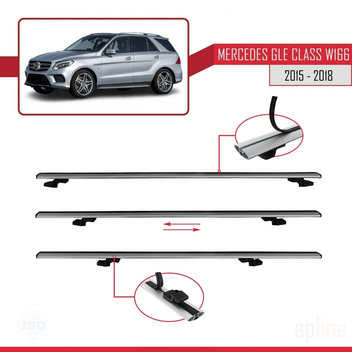 Compatible avec Mercedes Classe GLE 3 (W166) 2015-2018 BASIC Model Barres de Toit Railing Porte-Bagages de Voiture Gris Aluminium 3 Barres