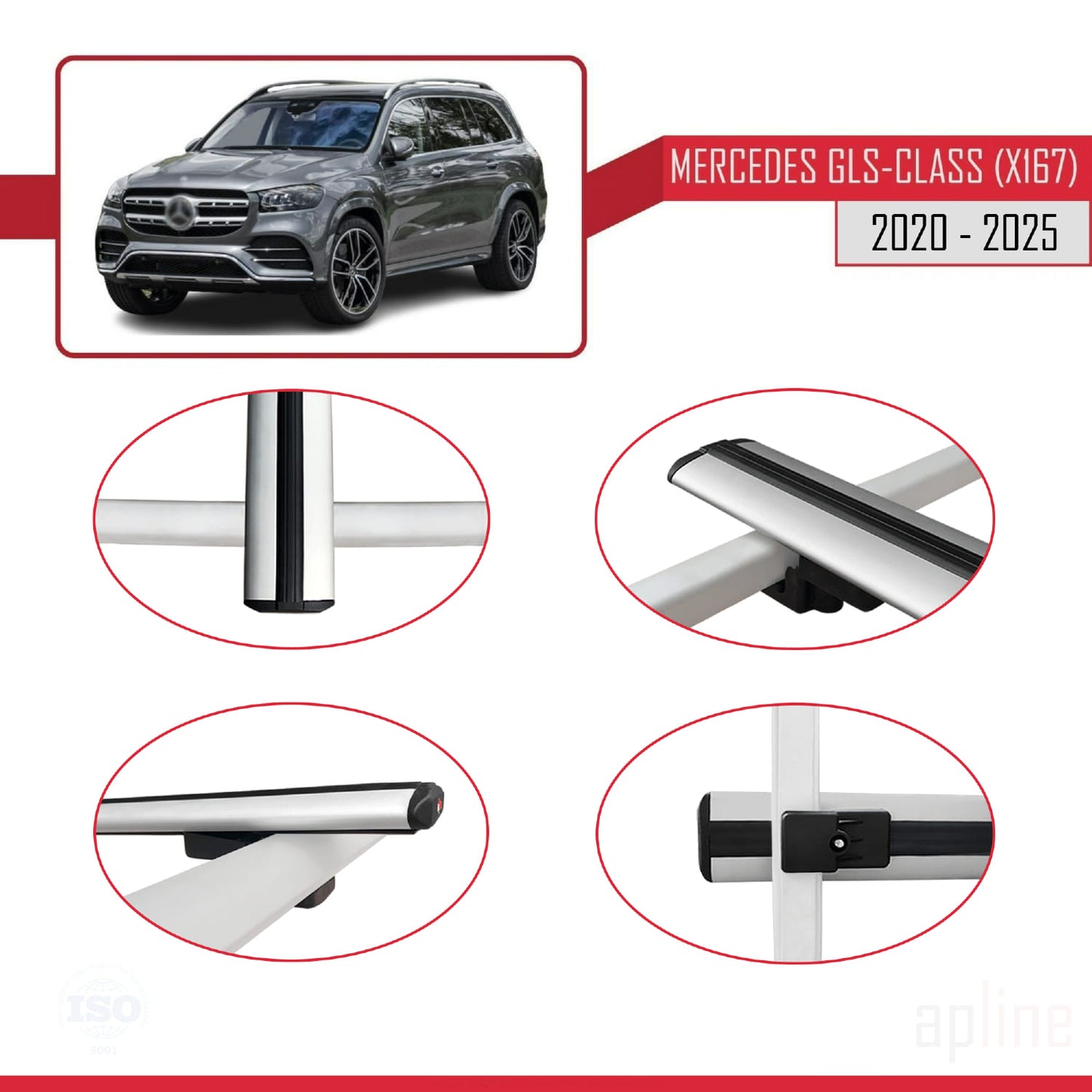 Compatible with Mercedes GLS Class (X167) 2020-2025 BASIC Model Car Roof Rack Cross Bar Grey Aluminium 2 Bars