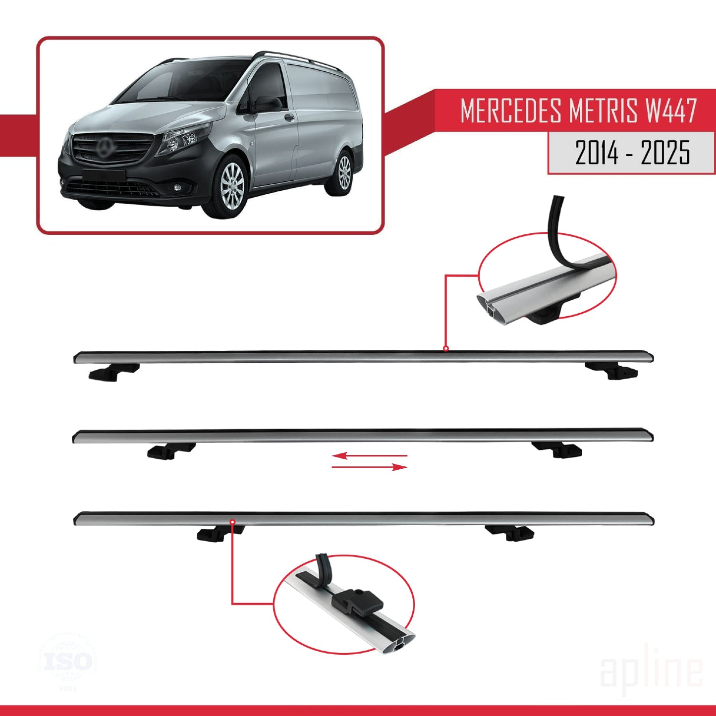 Compatible avec Mercedes Metris (W447) 2014-2025 BASIC Model Barres de Toit Railing Porte-Bagages de Voiture Gris Aluminium 3 Barres