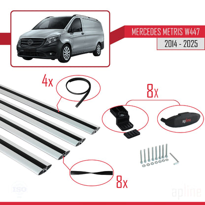 Compatible avec Mercedes Metris (W447) 2014-2025 BASIC Model Barres de Toit Railing Porte-Bagages de Voiture Gris Aluminium 4 Barres