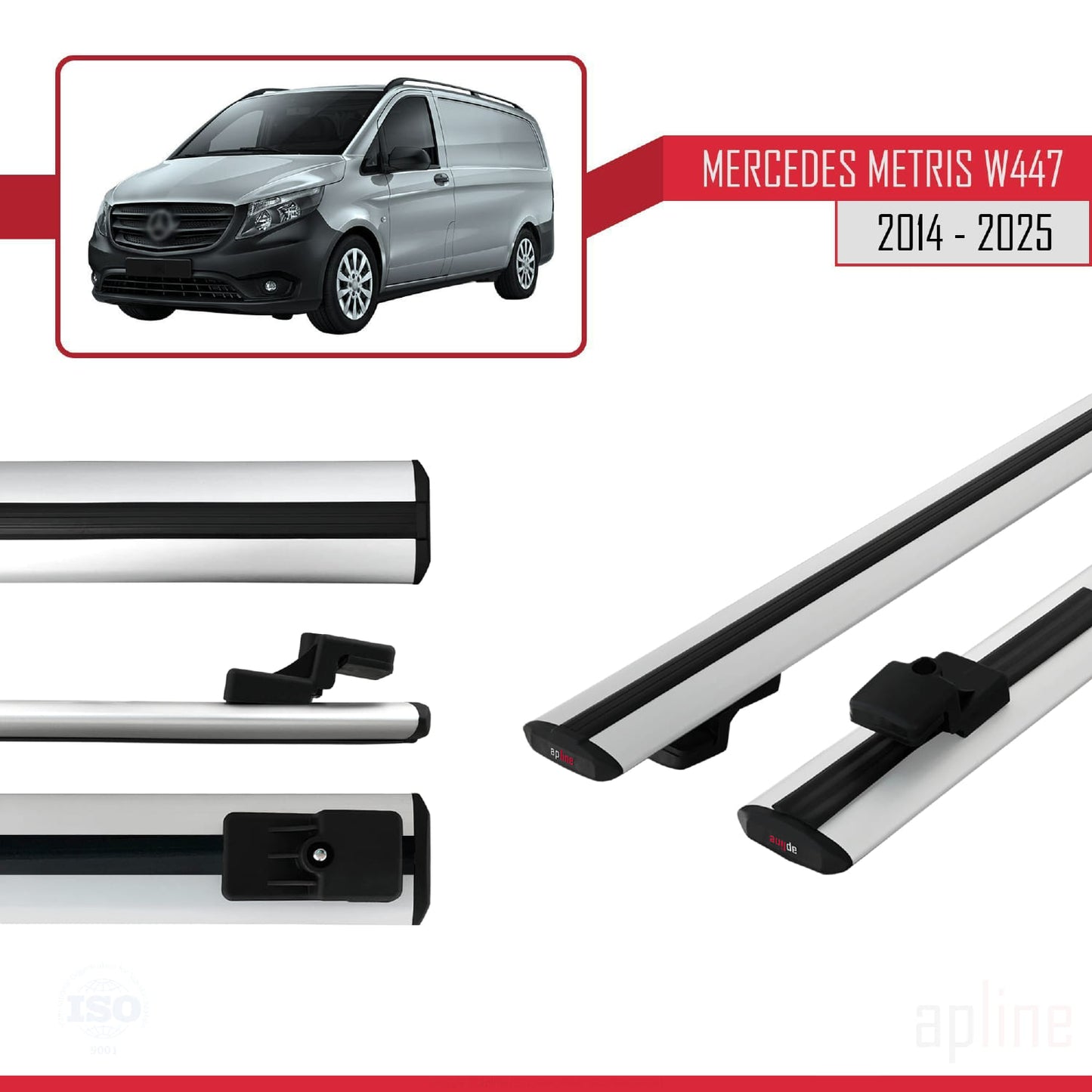 Compatible avec Mercedes Metris (W447) 2014-2025 BASIC Model Barres de Toit Railing Porte-Bagages de Voiture Gris Aluminium 2 Barres