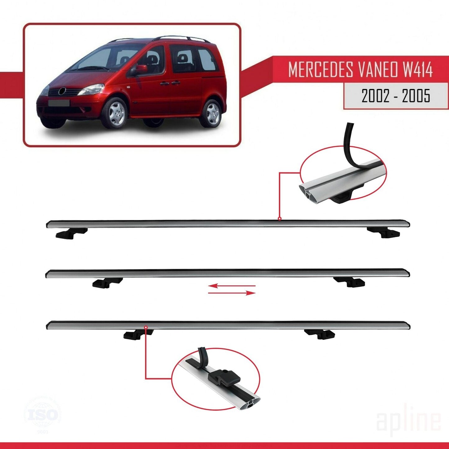 Compatible with Mercedes Vaneo (W414) 2002-2005 BASIC Model Car Roof Rack Cross Bar Grey Aluminium 3 Bars