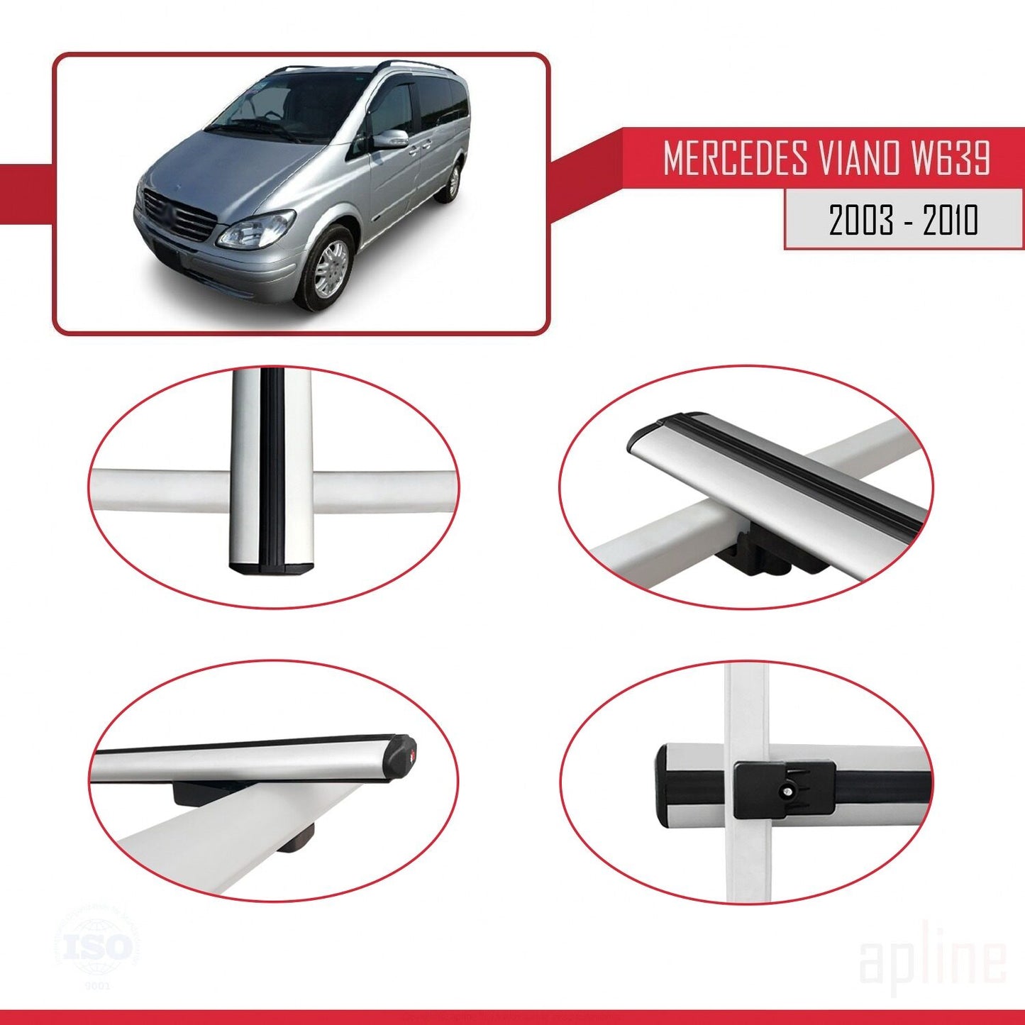 Compatible with Mercedes Viano 2 (W639) Pre-Facelift 2003-2010 BASIC Model Car Roof Rack Cross Bar Grey Aluminium 3 Bars