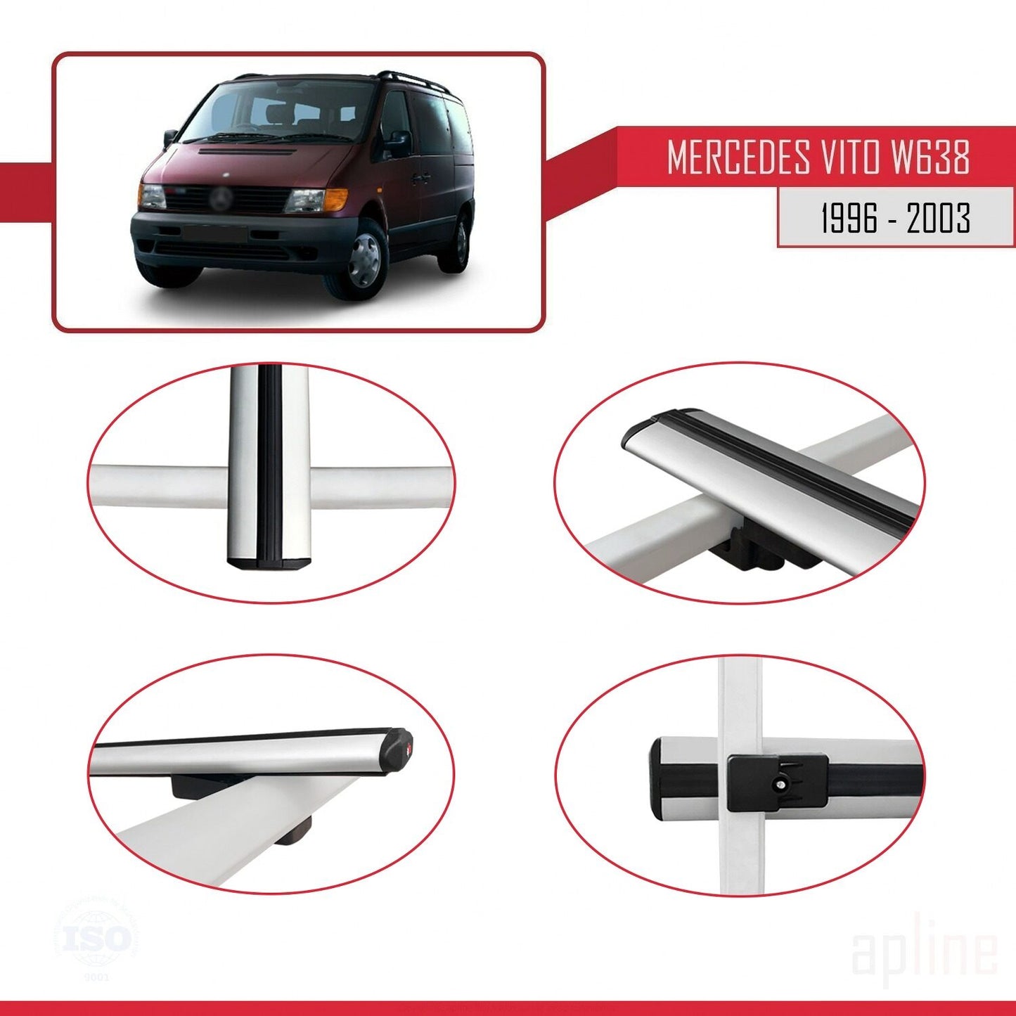 Compatible with Mercedes Vito (W638) 1996-2003 BASIC Model Car Roof Rack Cross Bar Grey Aluminium 2 Bars