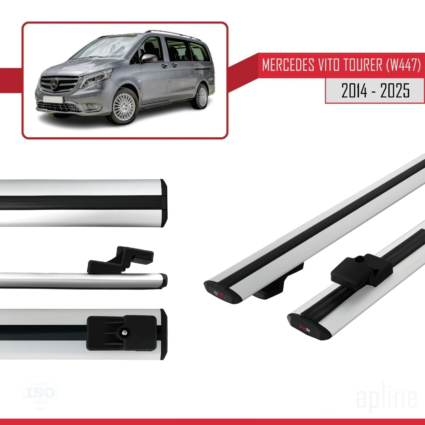 Compatible avec Mercedes Vito Tourer (W447) 2014-2025 BASIC Model Barres de Toit Railing Porte-Bagages de Voiture Gris Aluminium 2 Barres