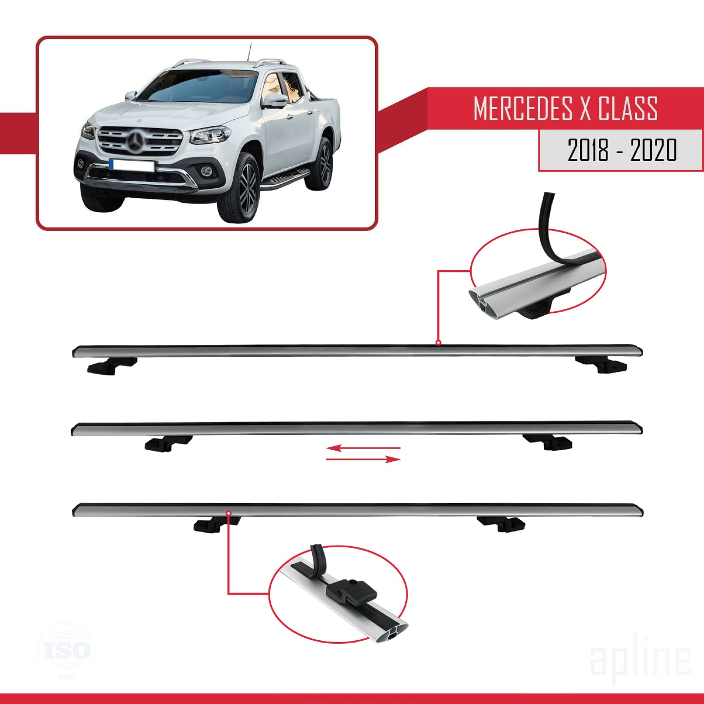 Compatible with Mercedes X Class (470) 2018-2020 BASIC Model Car Roof Rack Cross Bar Grey Aluminium 3 Bars
