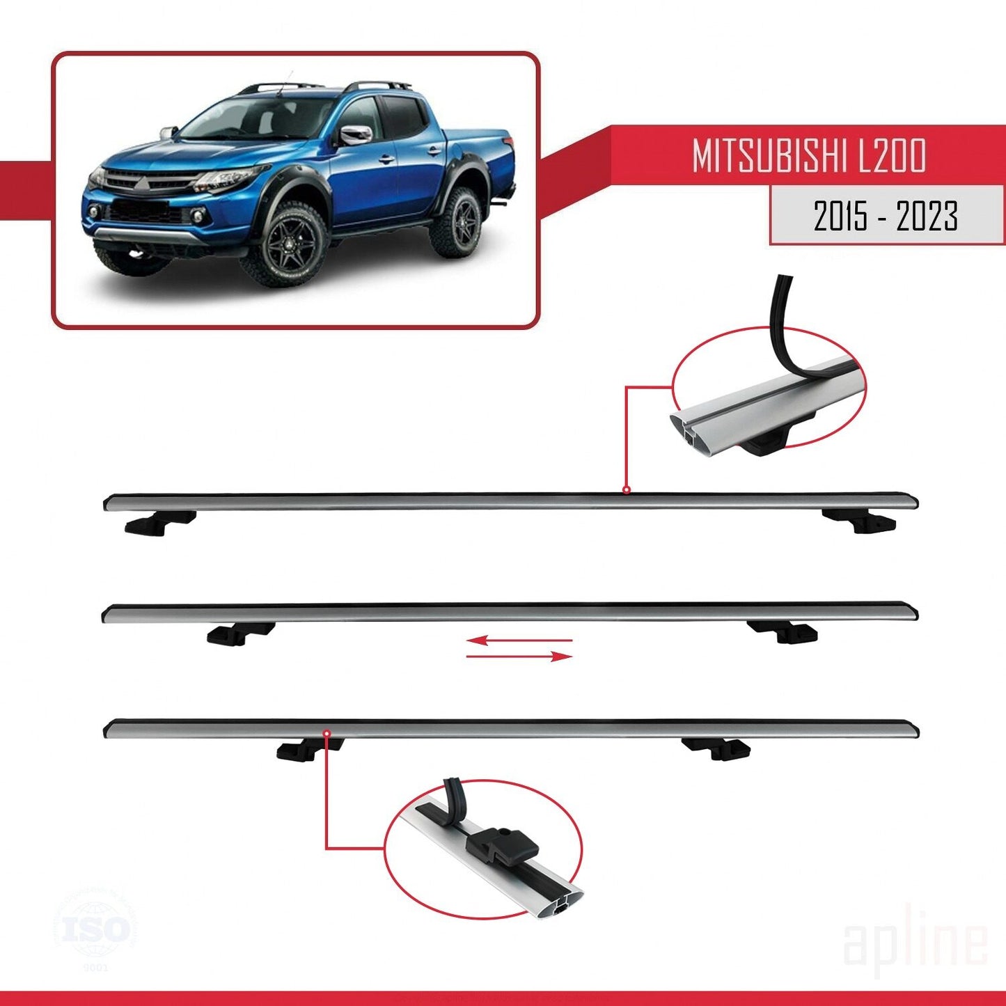 Compatible avec Mitsubishi L200 V 2015-2023 BASIC Model Barres de Toit Railing Porte-Bagages de Voiture Gris Aluminium 2 Barres