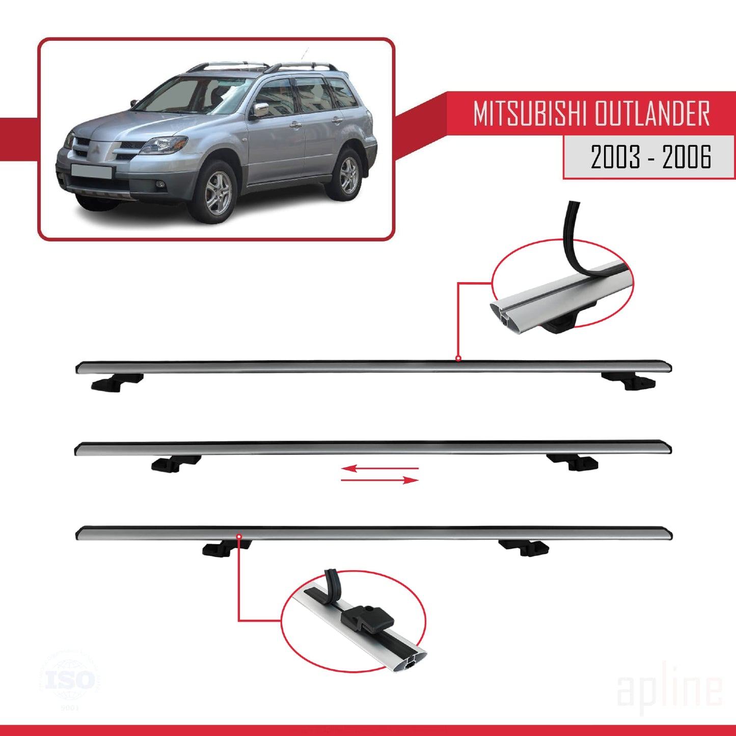 Compatible with Mitsubishi Outlander 2003-2006 BASIC Model Car Roof Rack Cross Bar Grey Aluminium 2 Bars