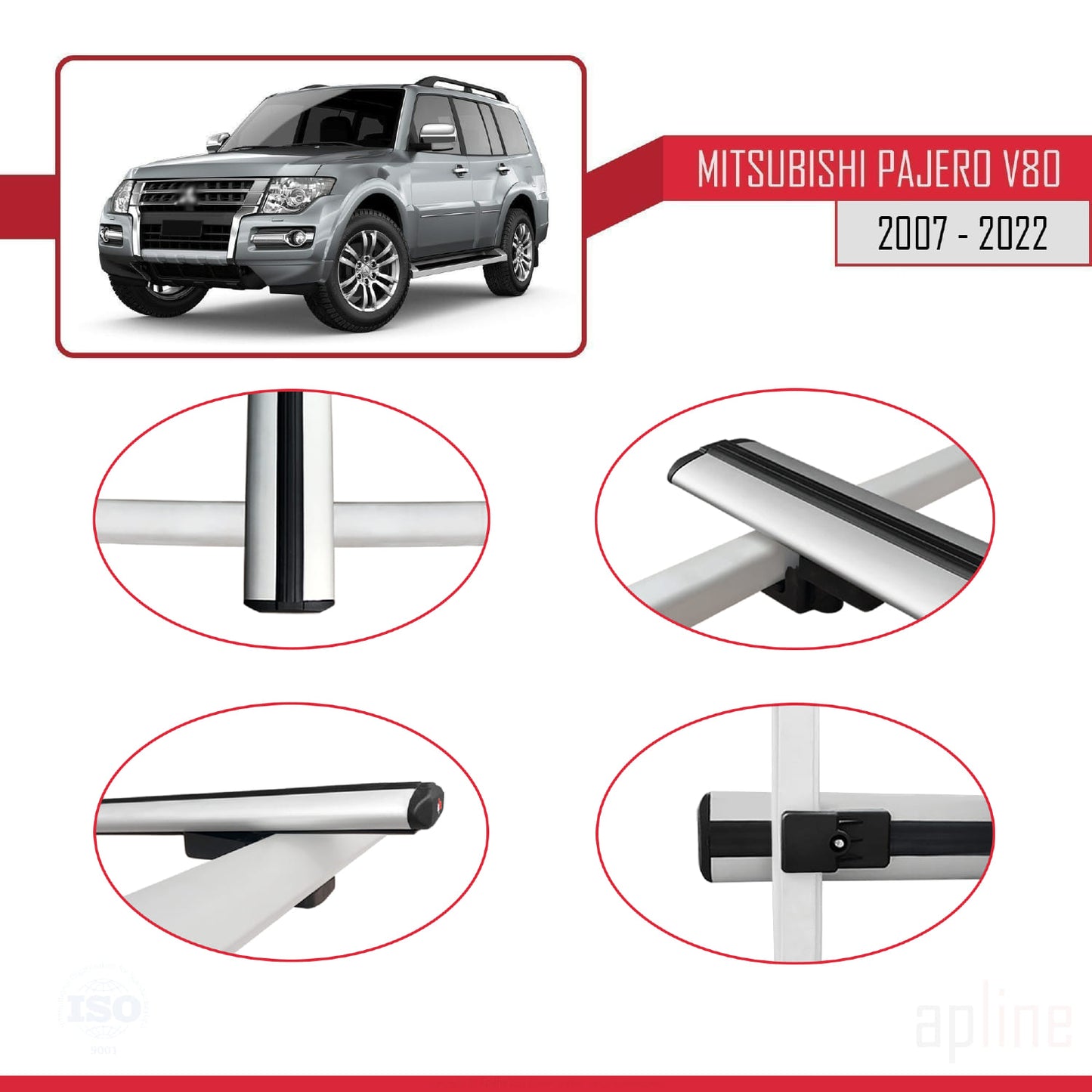 Compatible avec Mitsubishi Pajero (V80) 2007-2022 BASIC Model Barres de Toit Railing Porte-Bagages de Voiture Gris Aluminium 2 Barres