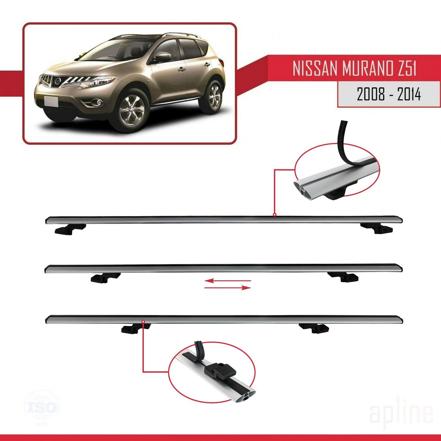 Compatible avec Nissan Murano 2 (Z51) 2008-2014 BASIC Model Barres de Toit Railing Porte-Bagages de Voiture Gris Aluminium 3 Barres