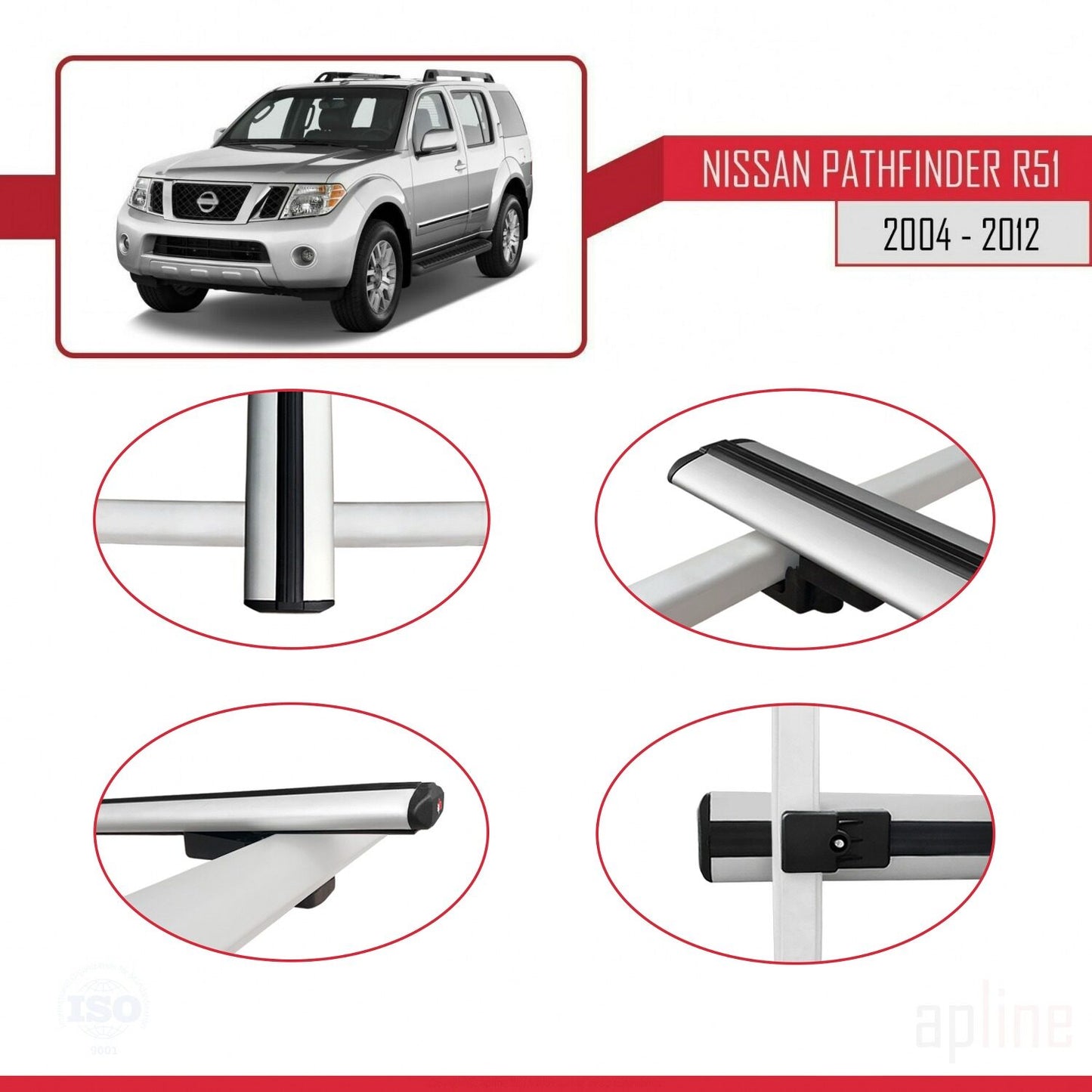 Compatible avec Nissan Pathfinder 3 (R51) 2004-2012 BASIC Model Barres de Toit Railing Porte-Bagages de Voiture Gris Aluminium 2 Barres