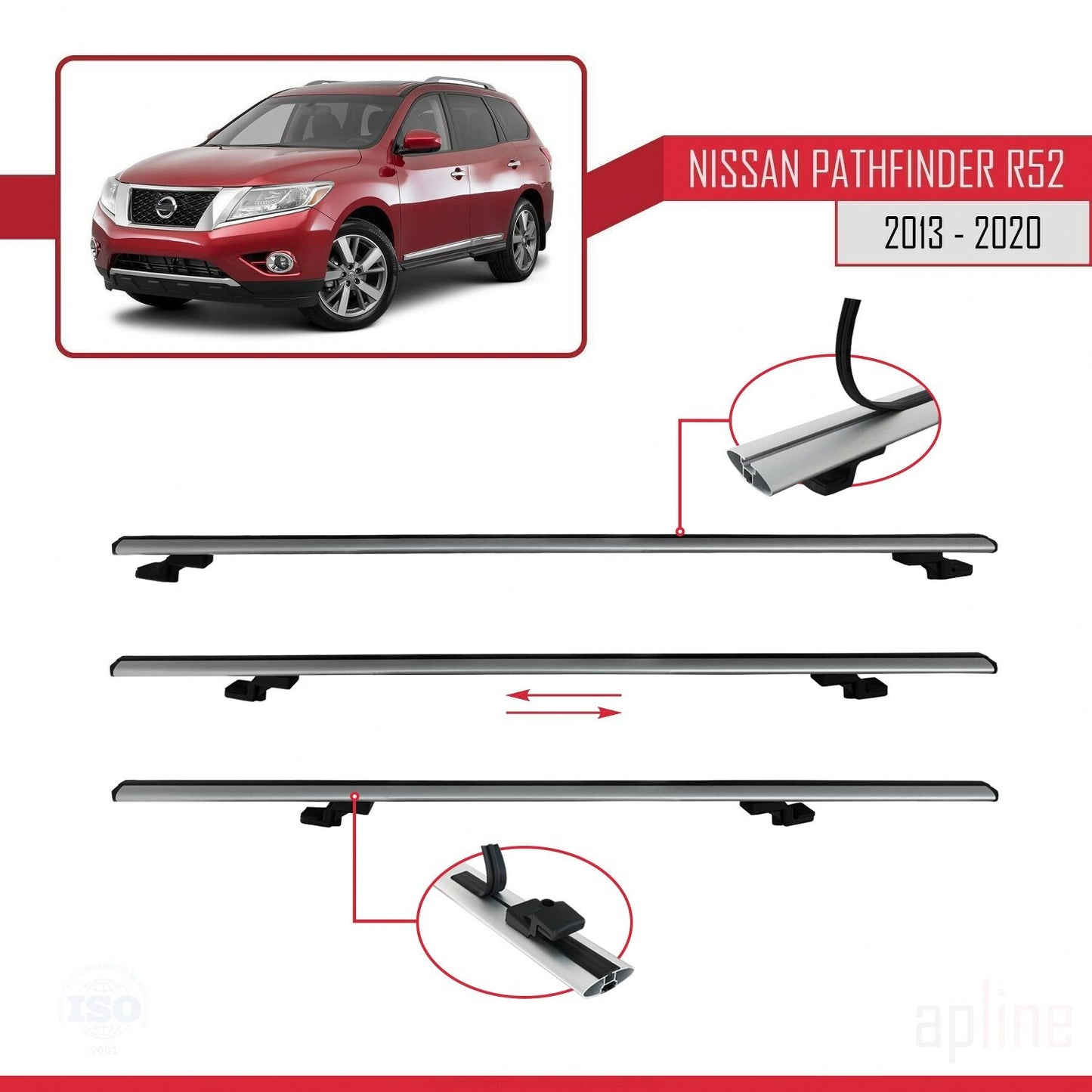 Compatible avec Nissan Pathfinder 4 (R52) 2013-2020 BASIC Model Barres de Toit Railing Porte-Bagages de Voiture Gris Aluminium 2 Barres