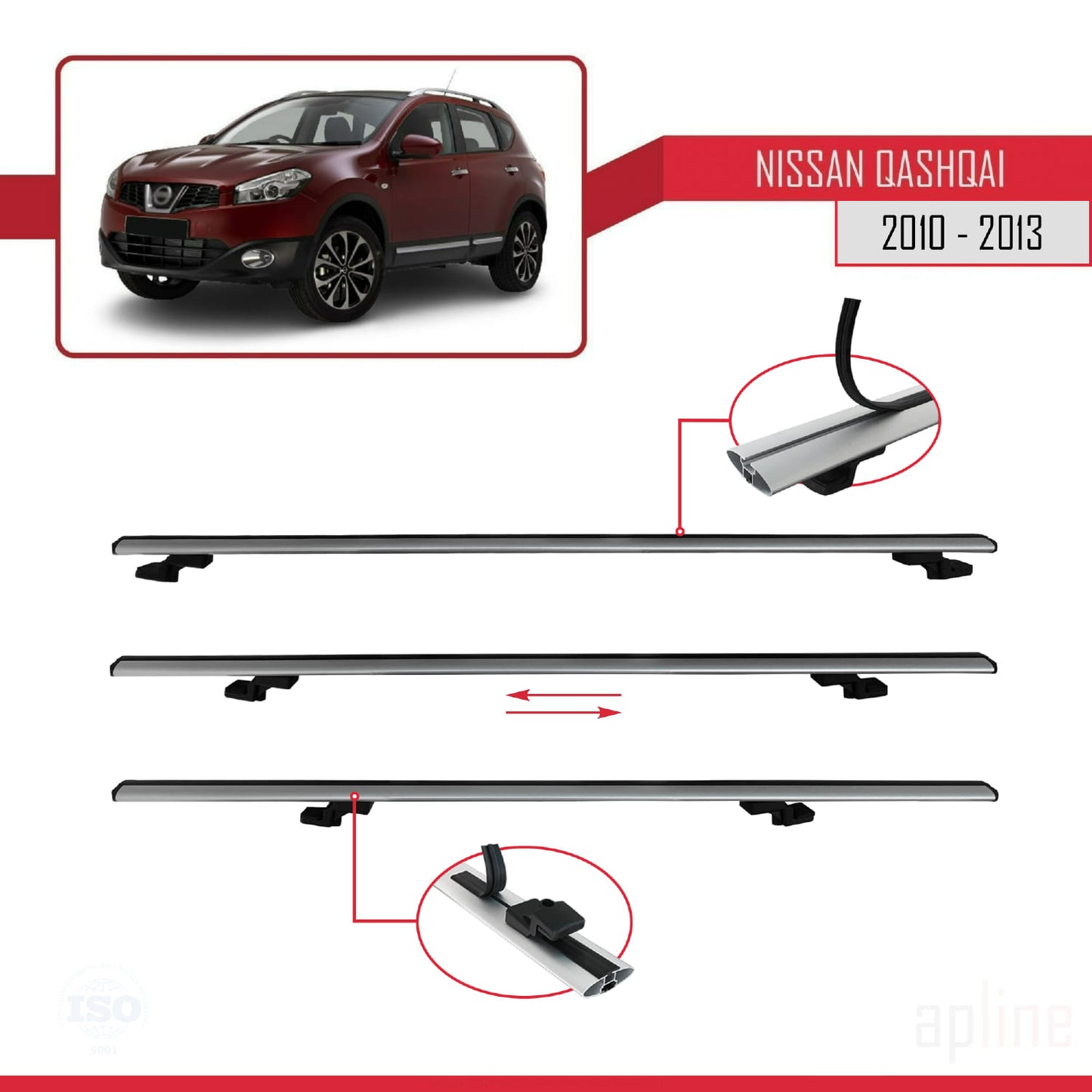 Compatible avec Nissan Qashqai (J10) Post-Facelift 2010-2013 BASIC Model Barres de Toit Railing Porte-Bagages de Voiture Gris Aluminium 2 Barres
