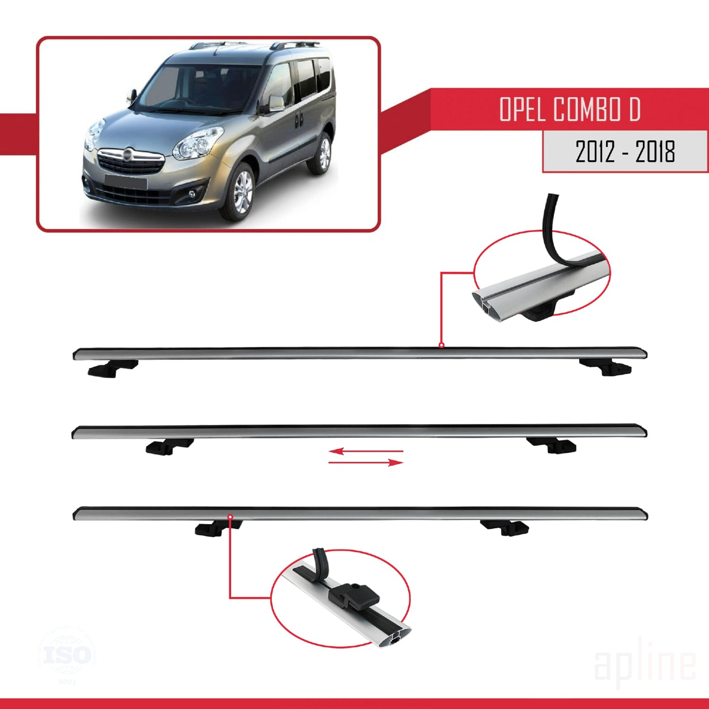 Compatible avec Opel Combo D 2012-2018 BASIC Model Barres de Toit Railing Porte-Bagages de Voiture Gris Aluminium 3 Barres