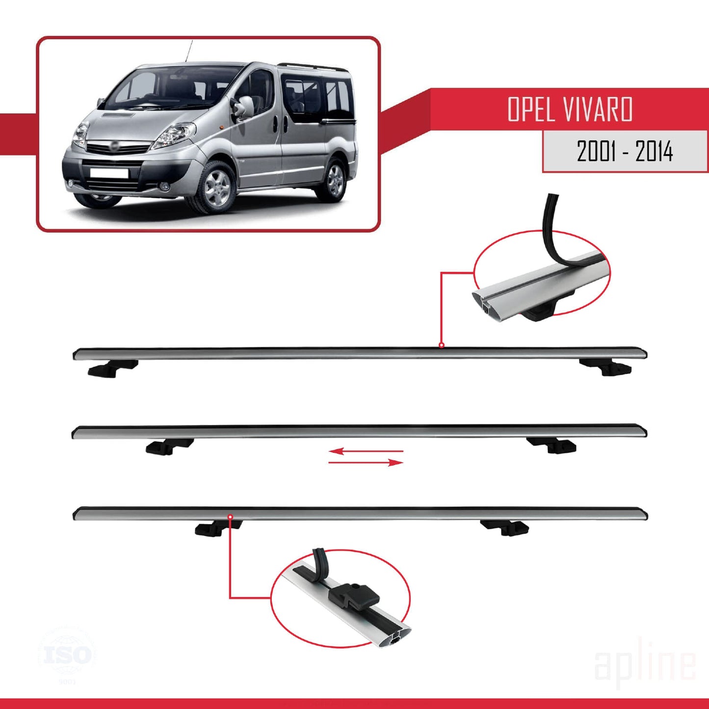 Compatible avec Opel Vivaro A 2001-2014 BASIC Model Barres de Toit Railing Porte-Bagages de Voiture Gris Aluminium 4 Barres
