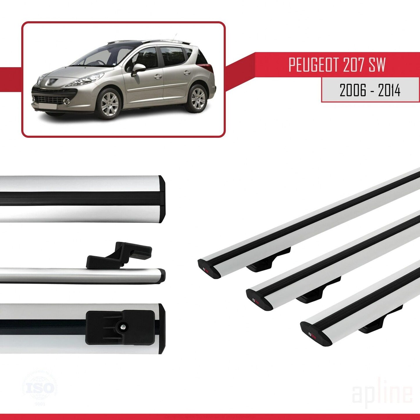 Compatible avec Peugeot 207 Break 2006-2014 BASIC Model Barres de Toit Railing Porte-Bagages de Voiture Gris Aluminium 3 Barres