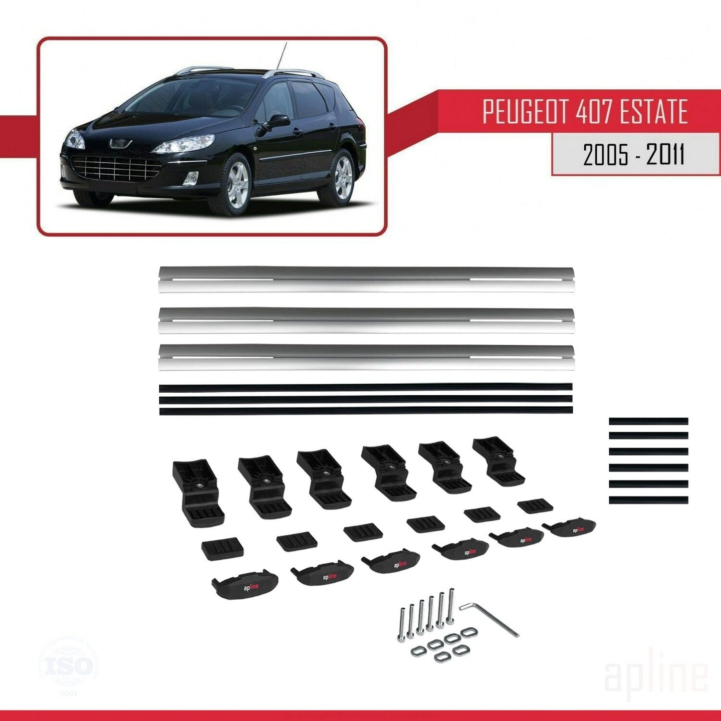 Compatible with Peugeot 407 SW 2005-2011 BASIC Model Car Roof Rack Cross Bar Grey Aluminium 3 Bars