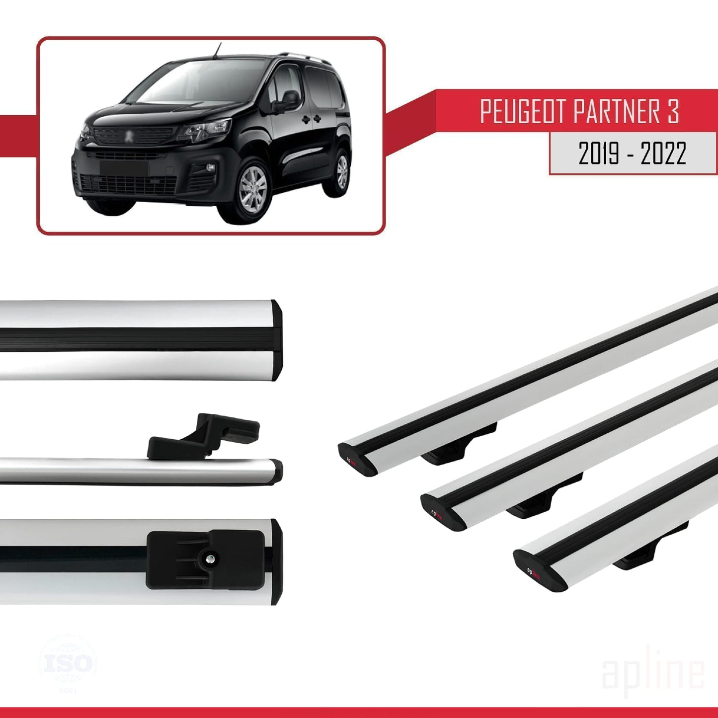 Compatible avec Peugeot Partner 3 2019-2022 BASIC Model Barres de Toit Railing Porte-Bagages de Voiture Gris Aluminium 3 Barres