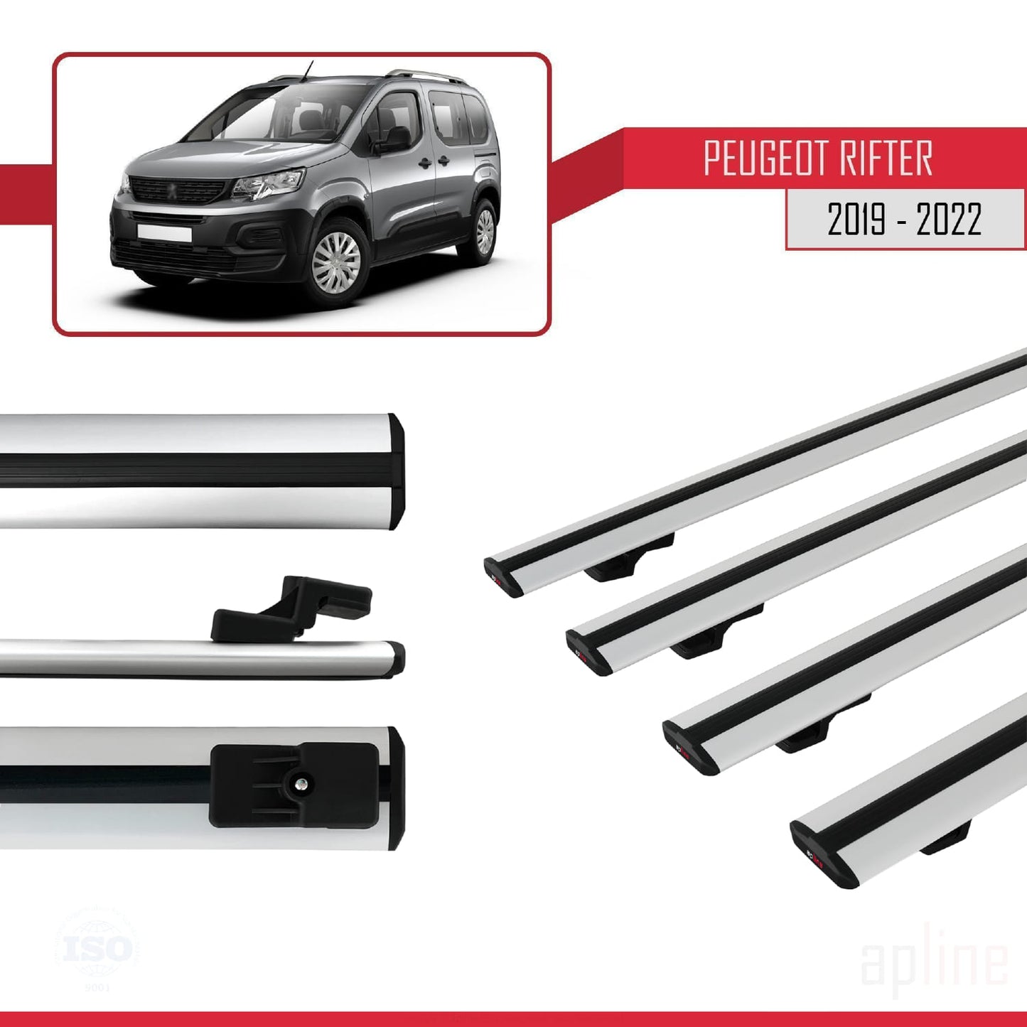 Compatible avec Peugeot Rifter 2019-2022 BASIC Model Barres de Toit Railing Porte-Bagages de Voiture Gris Aluminium 4 Barres