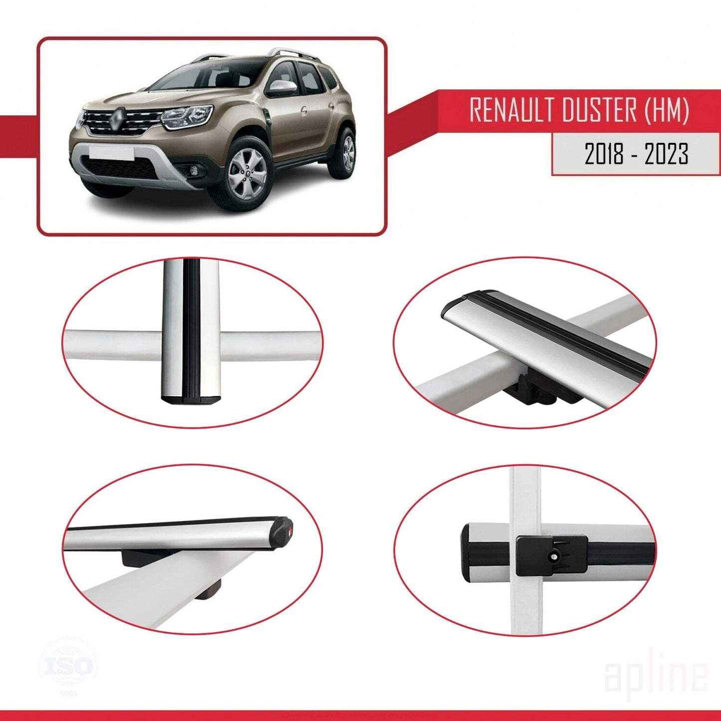 Compatible avec Renault Duster 2 (HM) 2018-2024 BASIC Model Barres de Toit Railing Porte-Bagages de Voiture Gris Aluminium 2 Barres