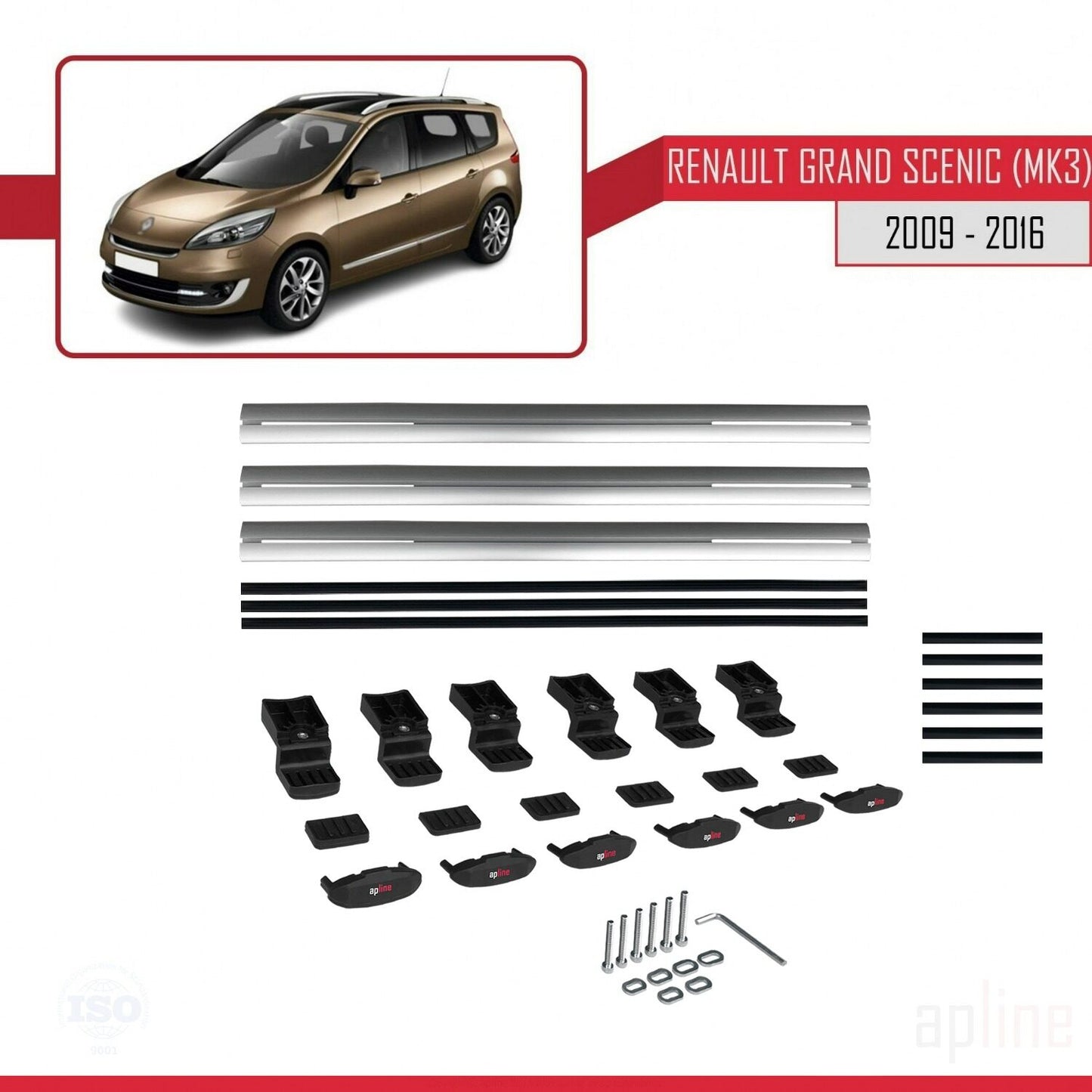 Compatible avec Renault Grand Scenic 3 2009-2016 BASIC Model Barres de Toit Railing Porte-Bagages de Voiture Gris Aluminium 3 Barres