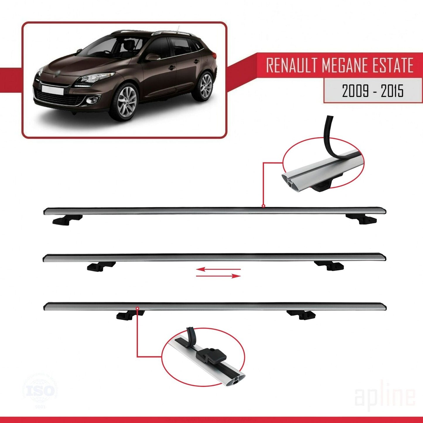 Compatible avec Renault Megane 3 ST 2009-2015 BASIC Model Barres de Toit Railing Porte-Bagages de Voiture Gris Aluminium 3 Barres