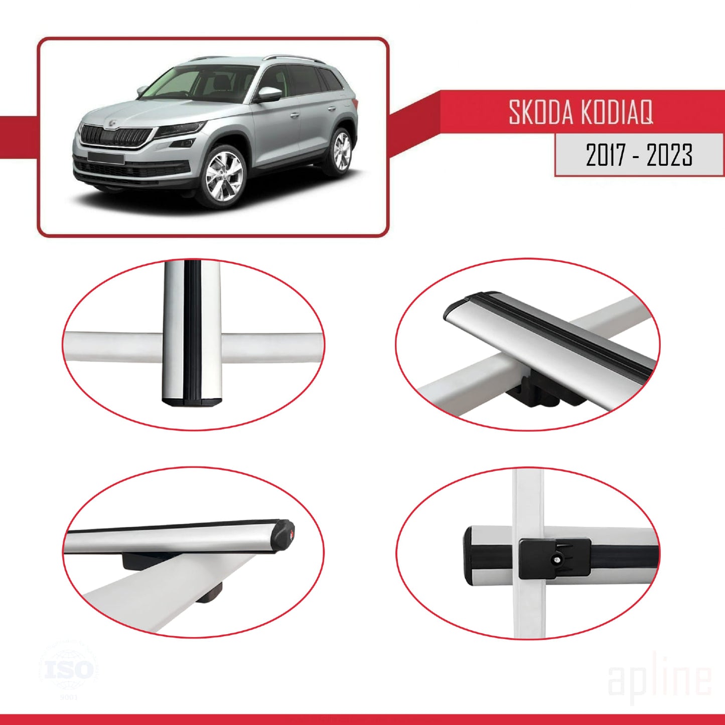 Compatible with Skoda Kodiaq 2017-2023 BASIC Model Car Roof Rack Cross Bar Grey Aluminium 3 Bars