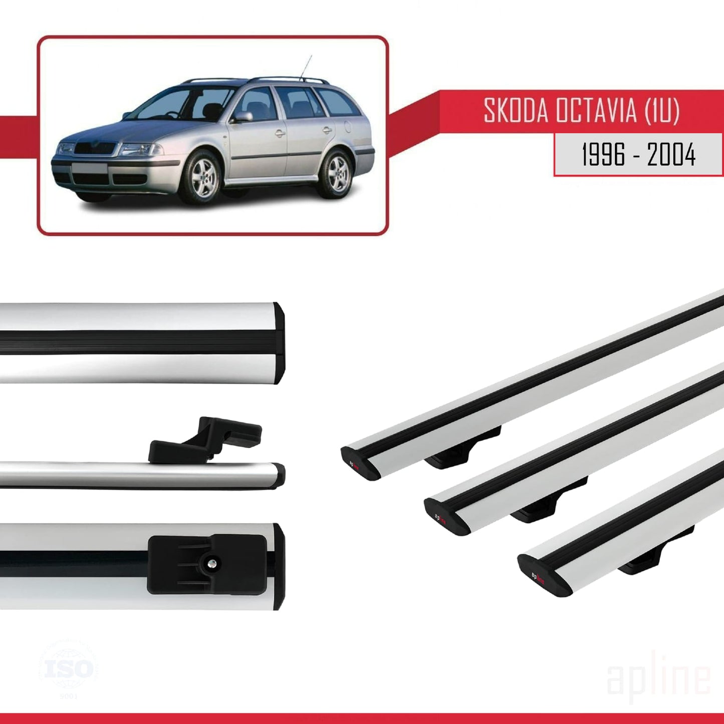 Compatible with Skoda Octavia (1U) 1996-2004 BASIC Model Car Roof Rack Cross Bar Grey Aluminium 3 Bars