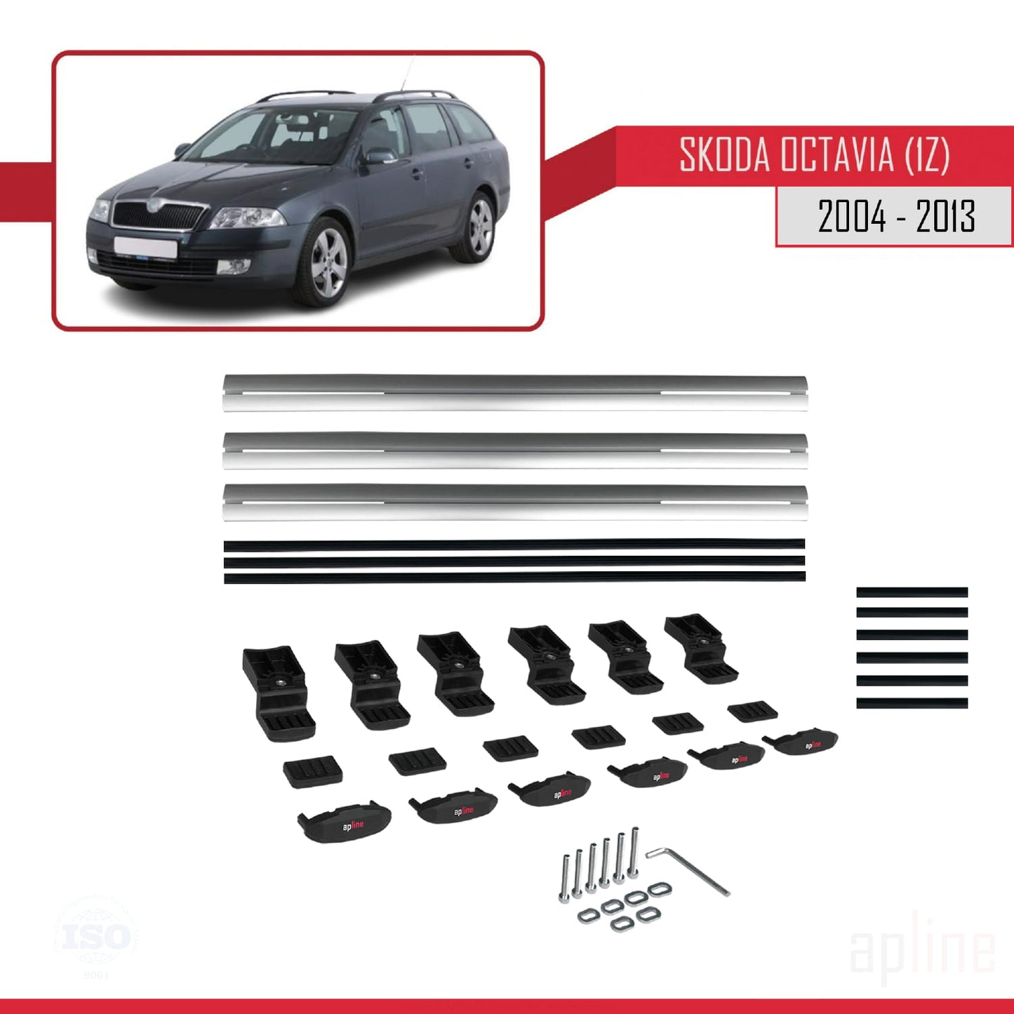 Compatible with Skoda Octavia 2 (1Z) 2004-2013 BASIC Model Car Roof Rack Cross Bar Grey Aluminium 3 Bars