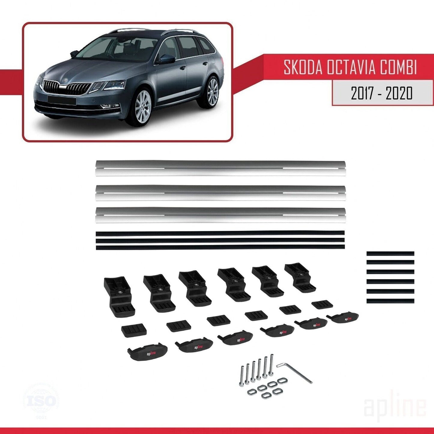 Compatible with Skoda Octavia 3 (5E) SW Post-Facelift 2017-2020 BASIC Model Car Roof Rack Cross Bar Grey Aluminium 3 Bars