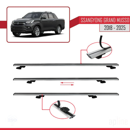 Compatible avec Ssangyong Grand Musso 2018-2025 BASIC Model Barres de Toit Railing Porte-Bagages de Voiture Gris Aluminium 2 Barres