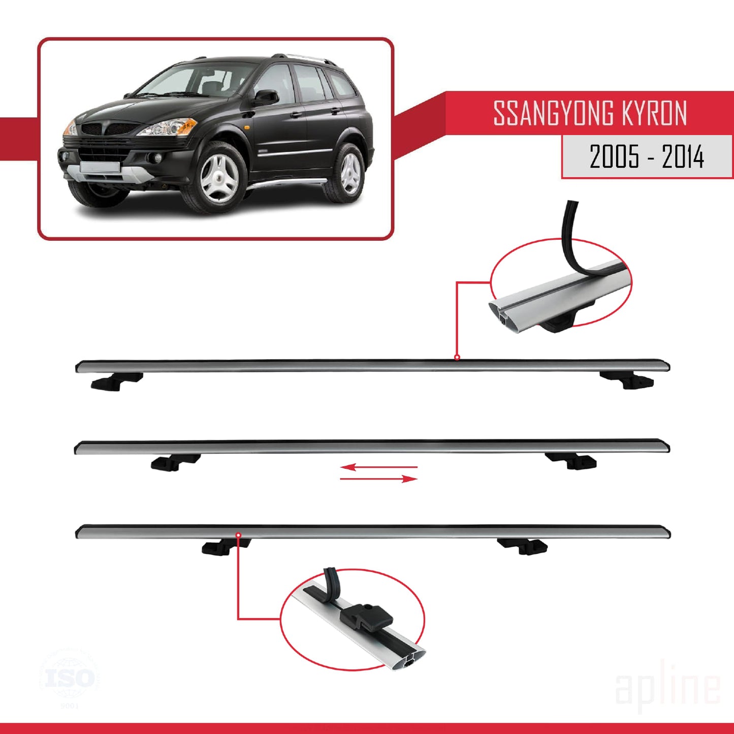 Compatible with Ssangyong Kyron 2005-2014 BASIC Model Car Roof Rack Cross Bar Grey Aluminium 3 Bars