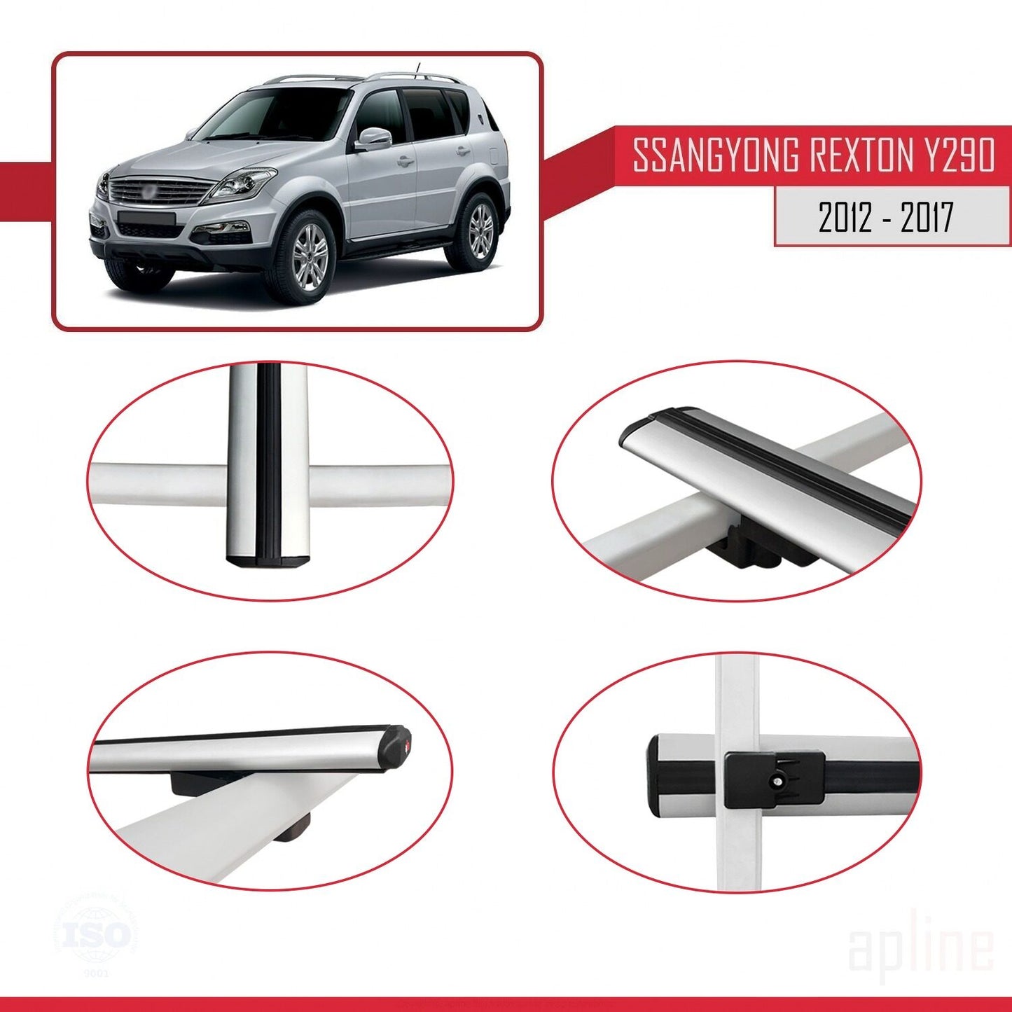Compatible with Ssangyong Rexton (Y290) 2012-2017 BASIC Model Car Roof Rack Cross Bar Grey Aluminium 3 Bars