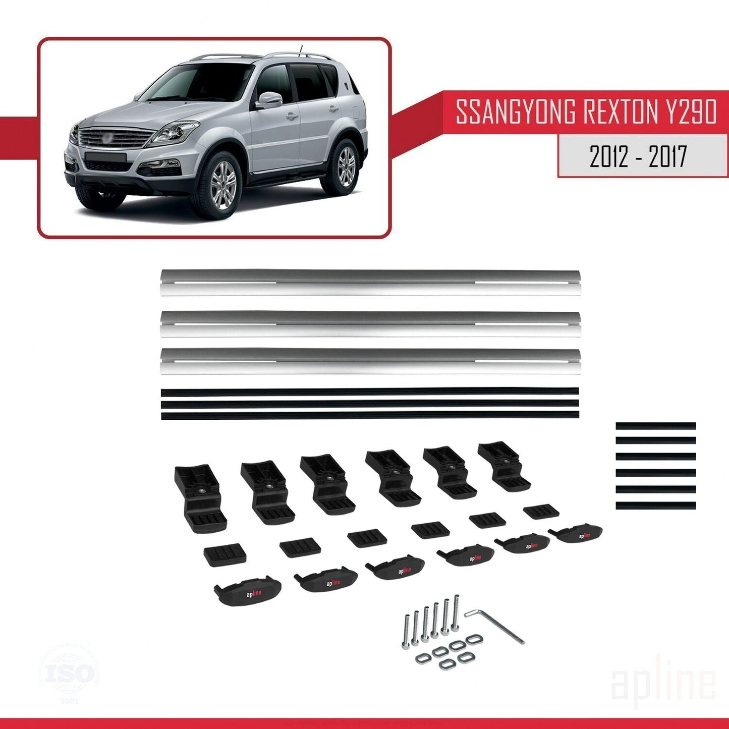 Compatible with Ssangyong Rexton (Y290) 2012-2017 BASIC Model Car Roof Rack Cross Bar Grey Aluminium 3 Bars