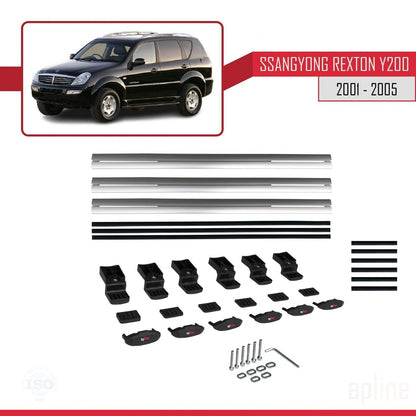 Compatible with Ssangyong Rexton (Y200) 2001-2005 BASIC Model Car Roof Rack Cross Bar Grey Aluminium 3 Bars