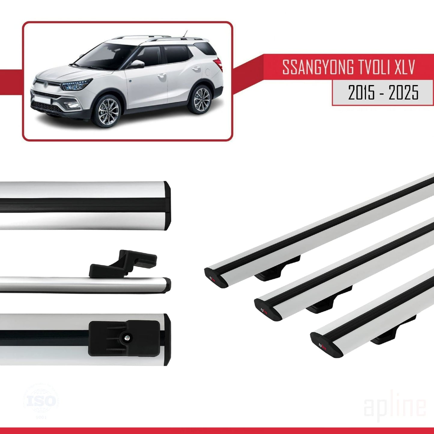 Compatible avec Ssangyong Tivoli XLV 2015-2025 BASIC Model Barres de Toit Railing Porte-Bagages de Voiture Gris Aluminium 3 Barres