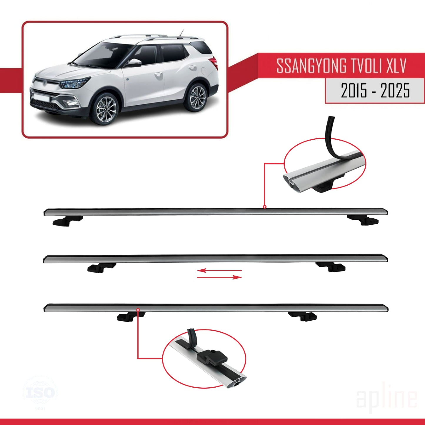 Compatible avec Ssangyong Tivoli XLV 2015-2025 BASIC Model Barres de Toit Railing Porte-Bagages de Voiture Gris Aluminium 3 Barres