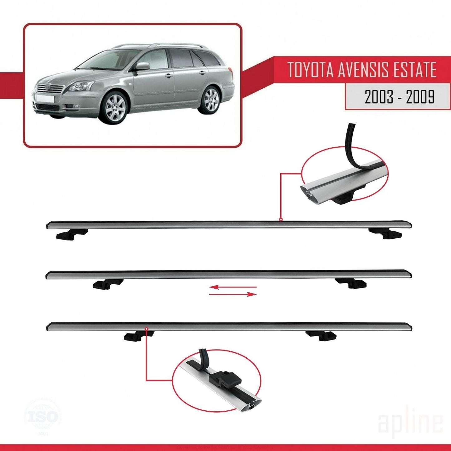 Compatible avec Toyota Avensis Break 2003-2009 BASIC Model Barres de Toit Railing Porte-Bagages de Voiture Gris Aluminium 3 Barres