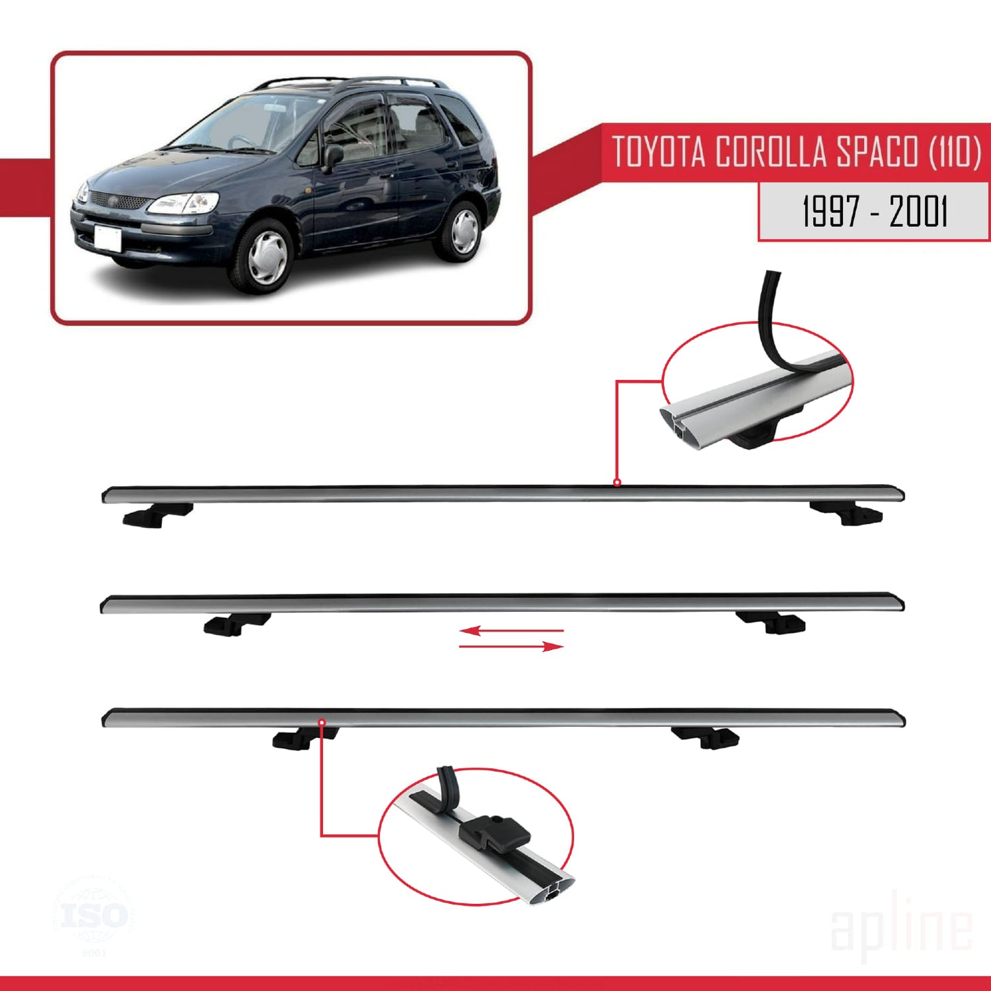 Compatible avec Toyota Corolla Spacio (E110) 1997-2001 BASIC Model Barres de Toit Railing Porte-Bagages de Voiture Gris Aluminium 2 Barres