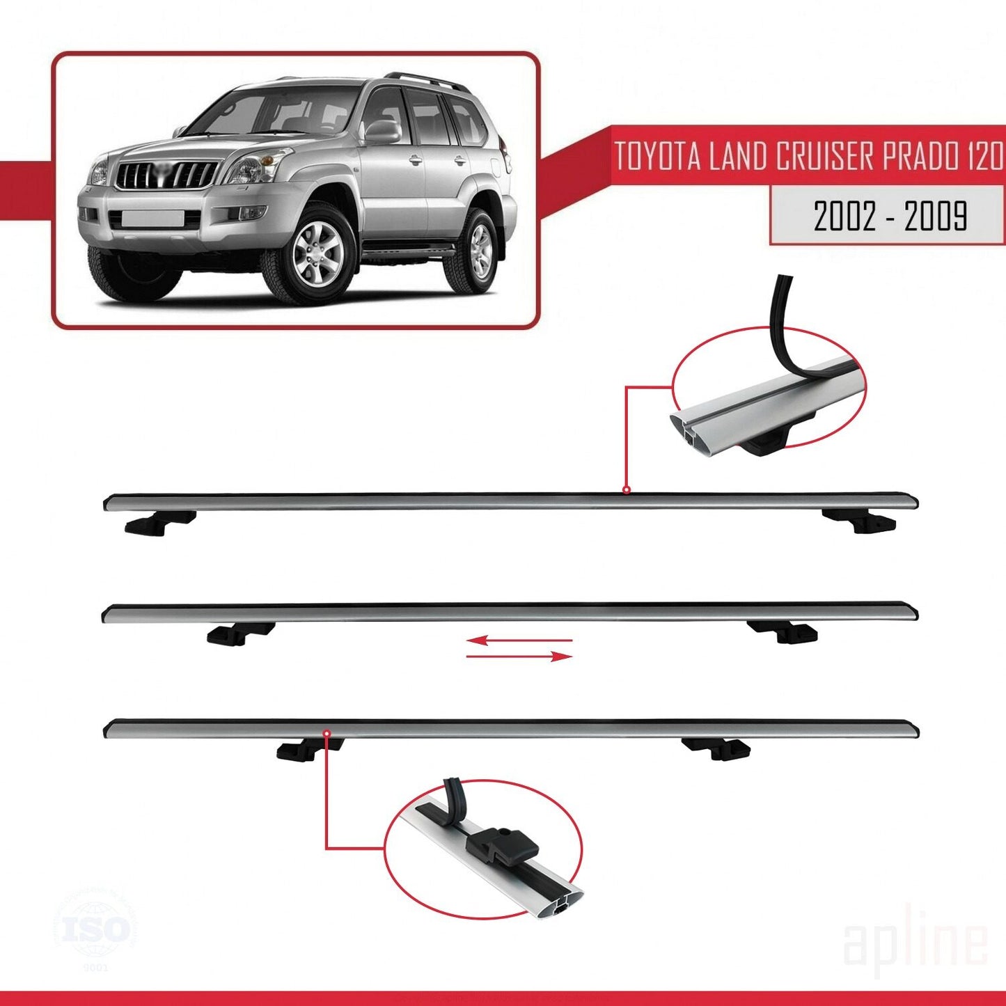 Compatible avec Toyota Land Cruiser Prado (J120) 2002-2006 BASIC Model Barres de Toit Railing Porte-Bagages de Voiture Gris Aluminium 3 Barres