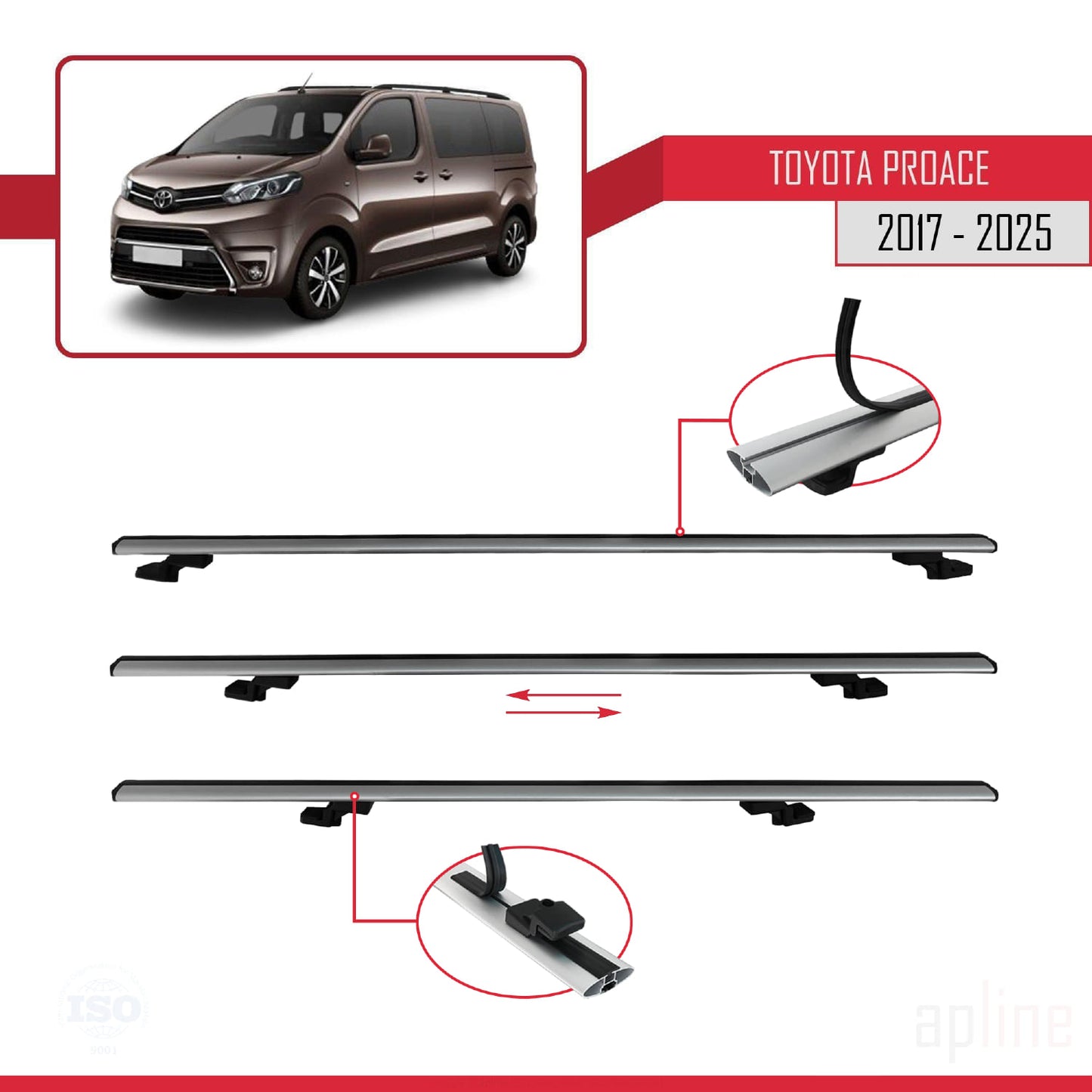 Compatible avec Toyota Proace 2017-2025 BASIC Model Barres de Toit Railing Porte-Bagages de Voiture Gris Aluminium 4 Barres