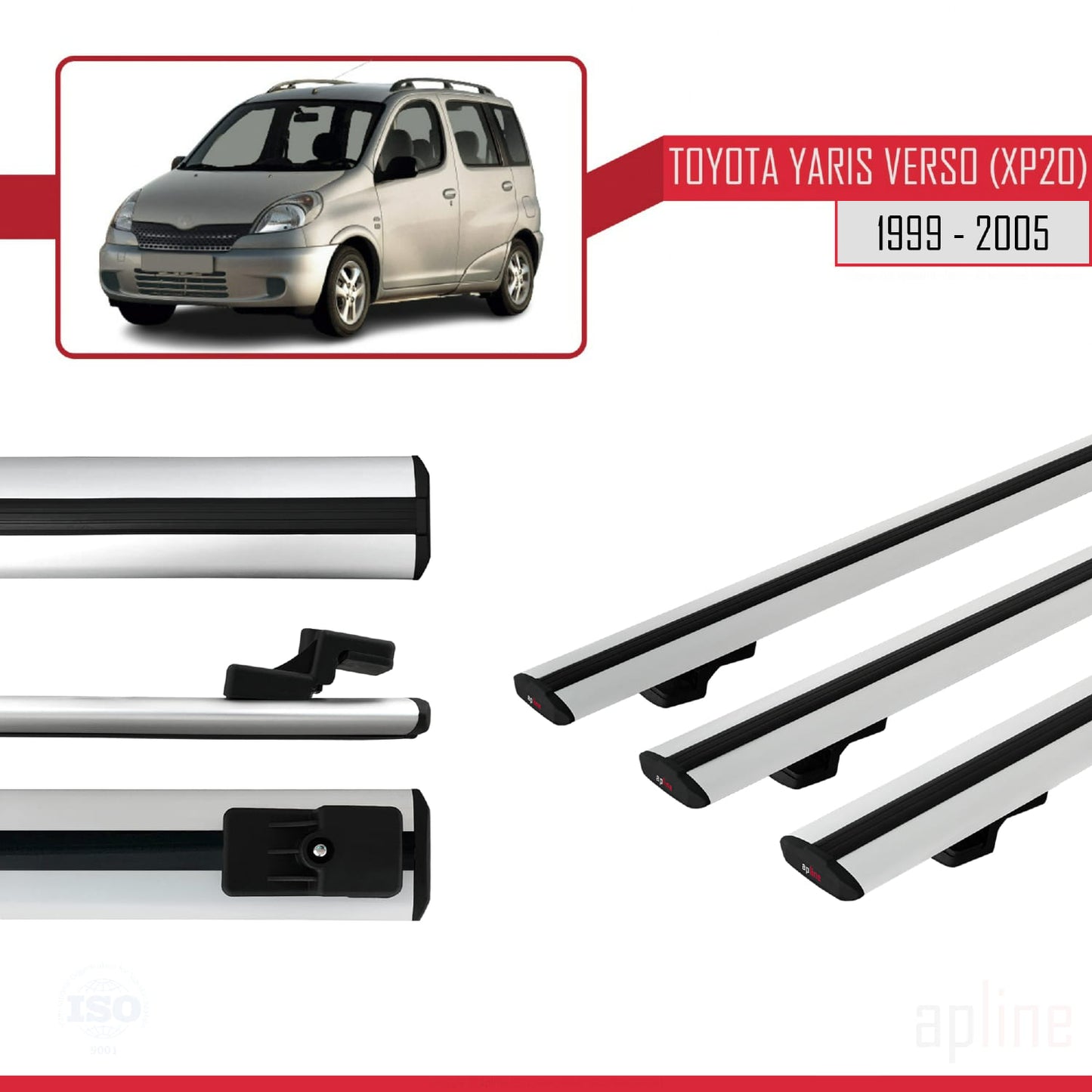Compatible avec Toyota Yaris Verso (XP20) 1999-2005 BASIC Model Barres de Toit Railing Porte-Bagages de Voiture Gris Aluminium 3 Barres