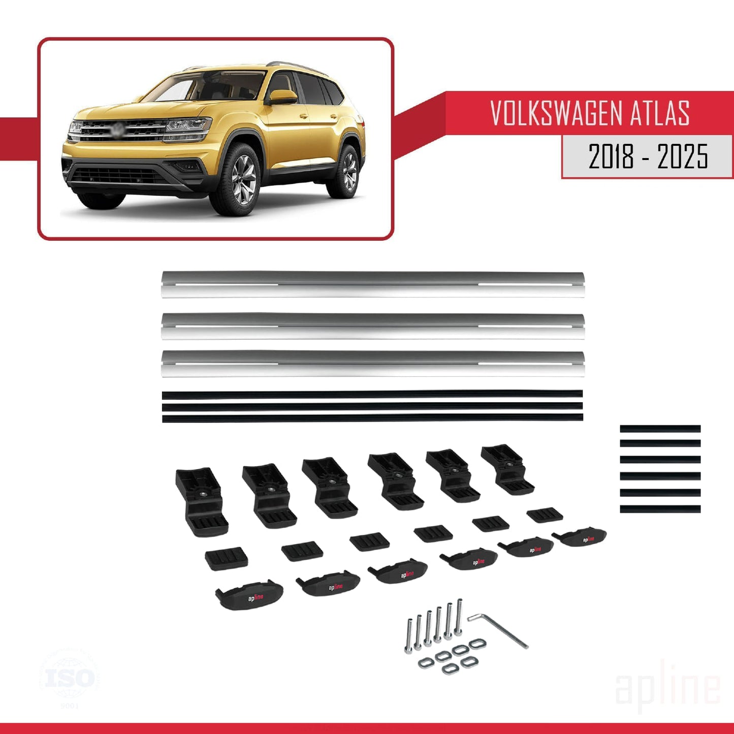 Compatible avec Volkswagen Atlas (CA1) 2018-2025 BASIC Model Barres de Toit Railing Porte-Bagages de Voiture Gris Aluminium 3 Barres