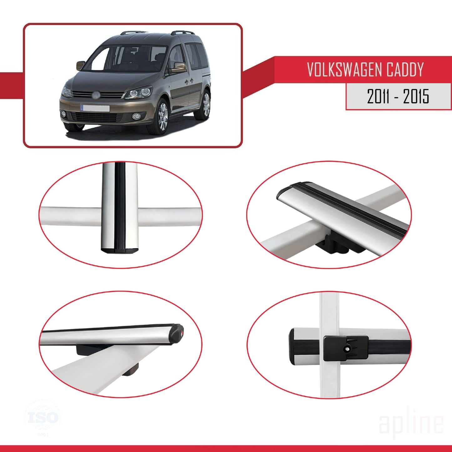 Compatible avec Volkswagen Caddy 3 (2K) 2011-2015 BASIC Model Barres de Toit Railing Porte-Bagages de Voiture Gris Aluminium 2 Barres