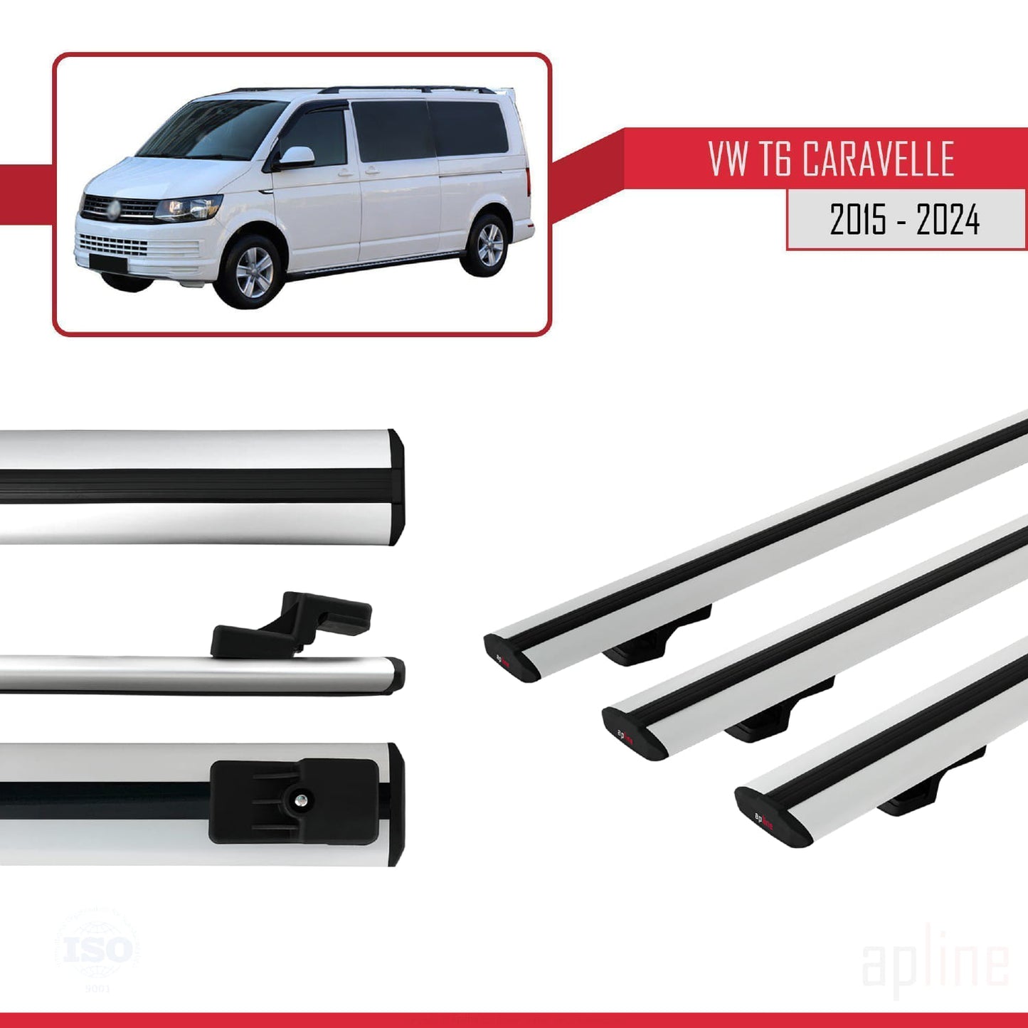 Compatible avec Volkswagen T6 Caravelle 2015-2024 BASIC Model Barres de Toit Railing Porte-Bagages de Voiture Gris Aluminium 3 Barres