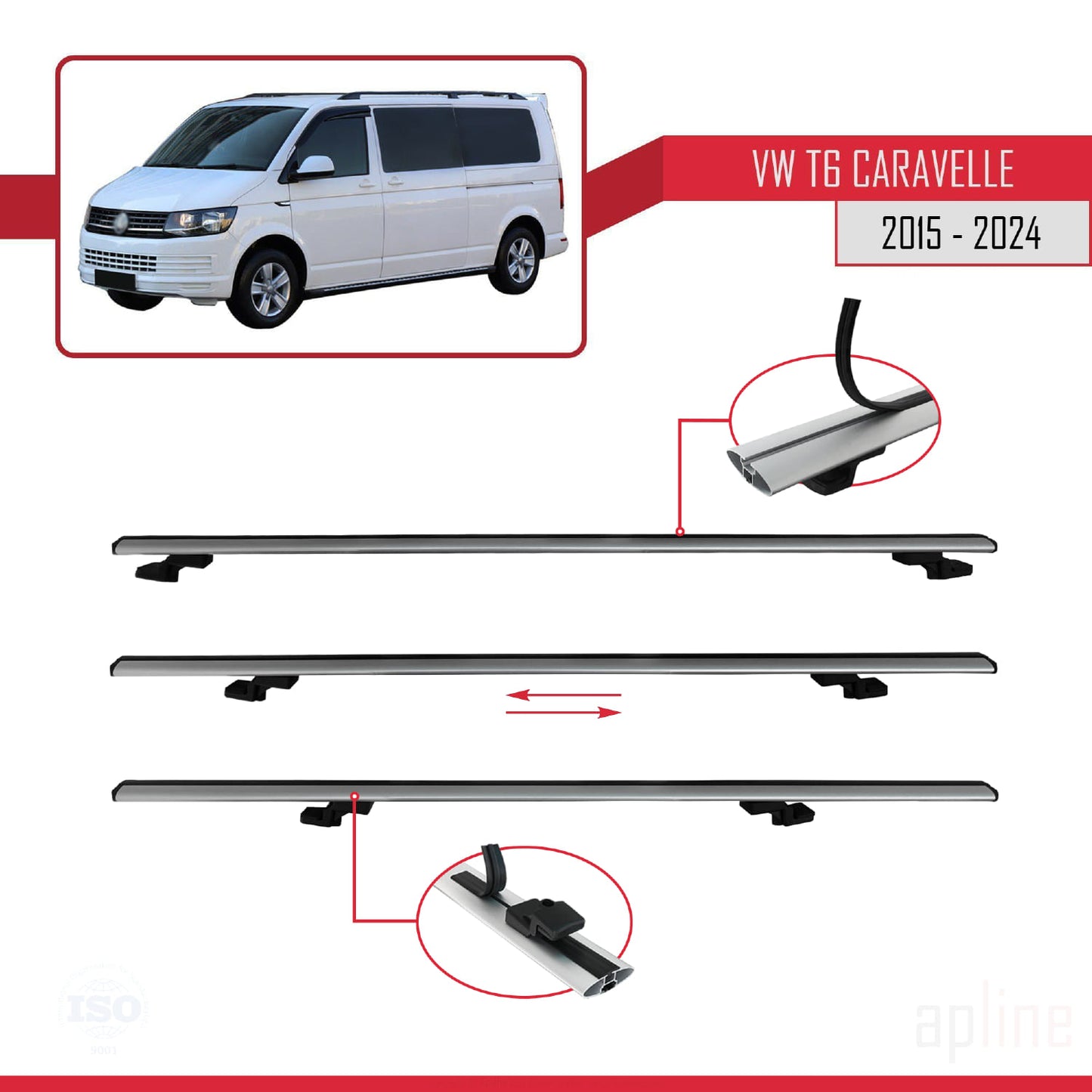 Compatible avec Volkswagen T6 Caravelle 2015-2024 BASIC Model Barres de Toit Railing Porte-Bagages de Voiture Gris Aluminium 4 Barres