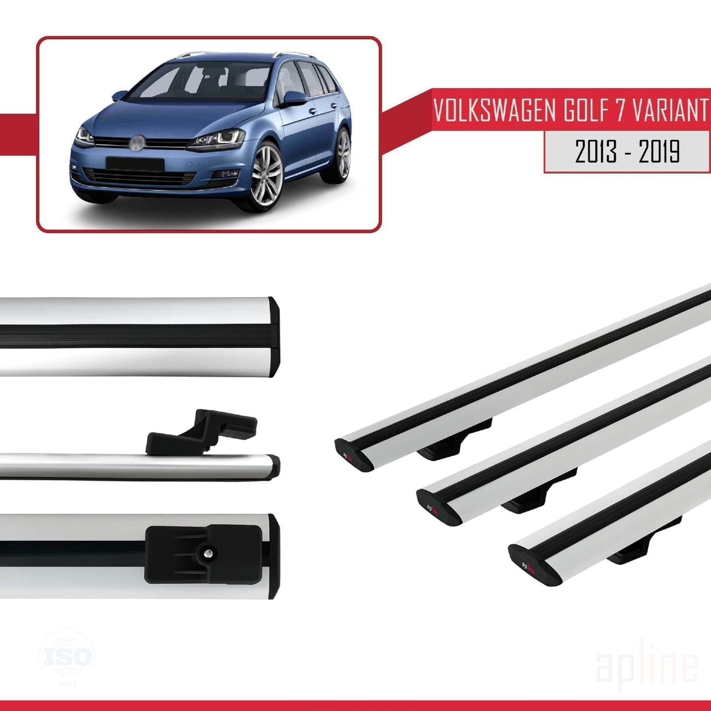 Compatible avec Volkswagen Golf 7 (5G) Variant 2013-2019 BASIC Model Barres de Toit Railing Porte-Bagages de Voiture Gris Aluminium 3 Barres