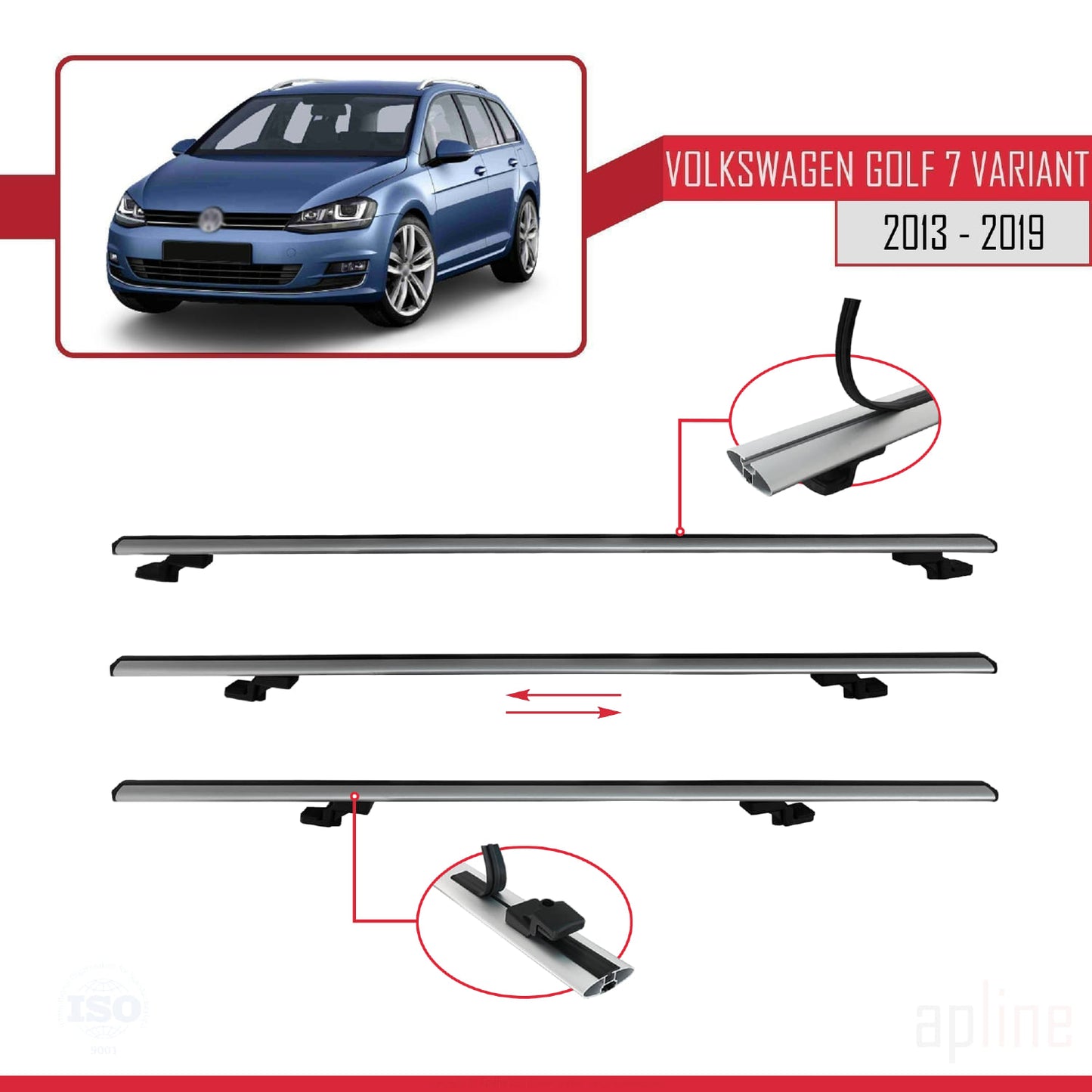 Compatible avec Volkswagen Golf 7 (5G) Variant 2013-2019 BASIC Model Barres de Toit Railing Porte-Bagages de Voiture Gris Aluminium 2 Barres
