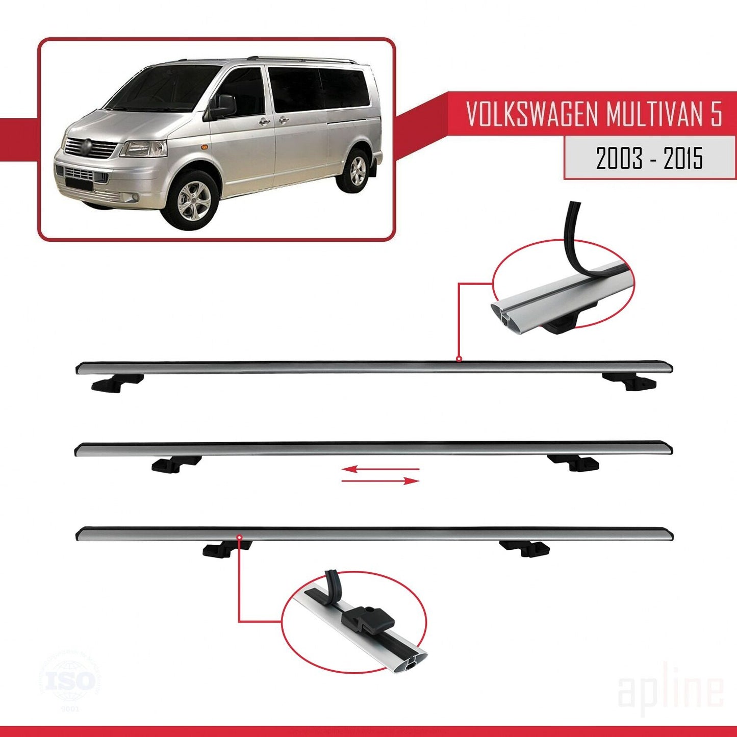 Compatible avec Volkswagen T5 Multivan 2003-2015 BASIC Model Barres de Toit Railing Porte-Bagages de Voiture Gris Aluminium 3 Barres